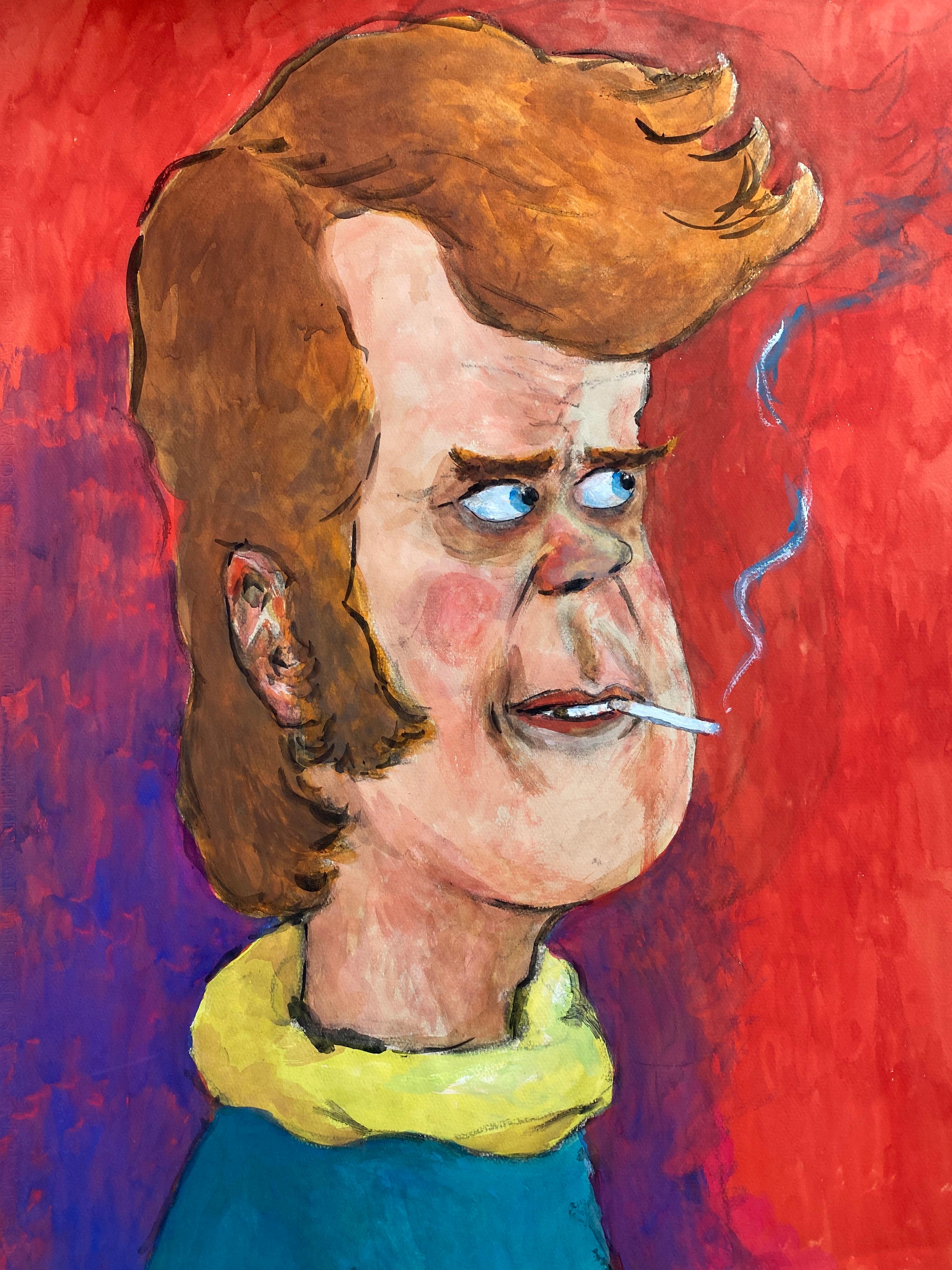 Unknown Figurative Painting - 1960's French Portrait Wacky Smoker Caricature of Young Man with Cigarette