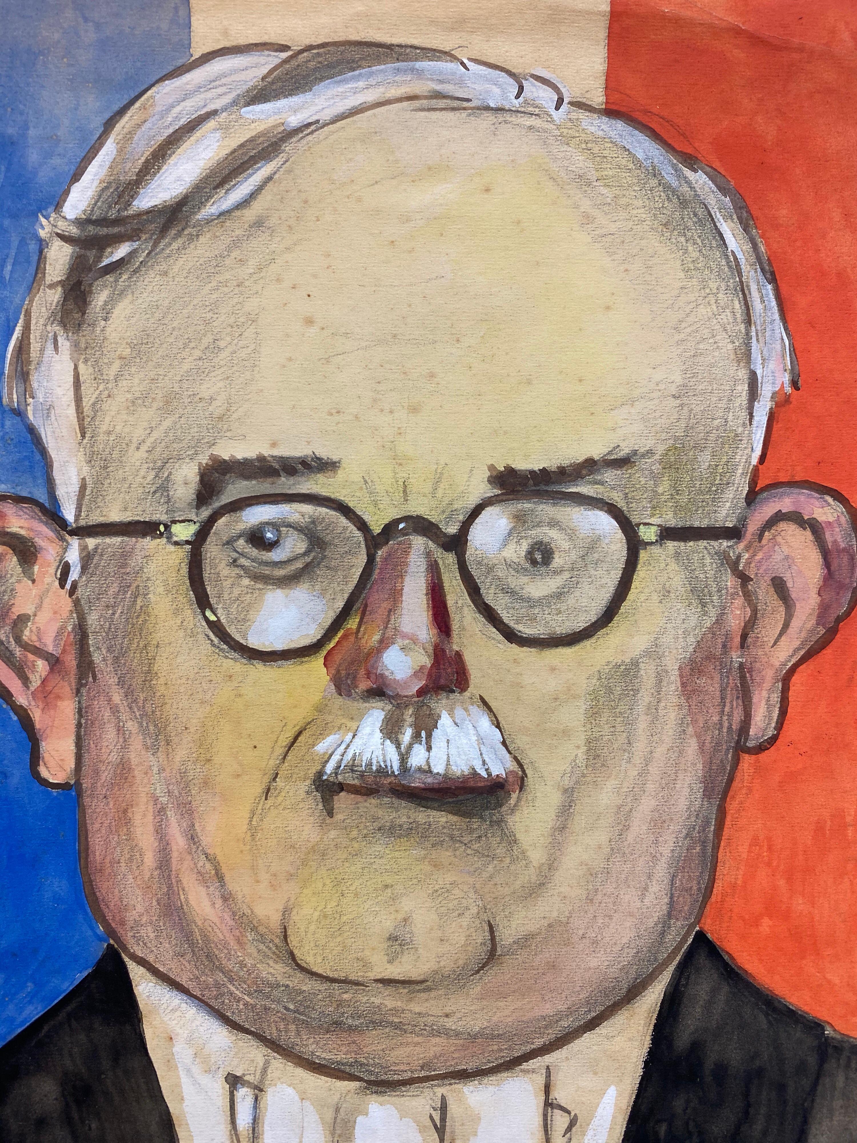 1960's French Portrait Wise Man in Front of French Flag Caricature For Sale 2