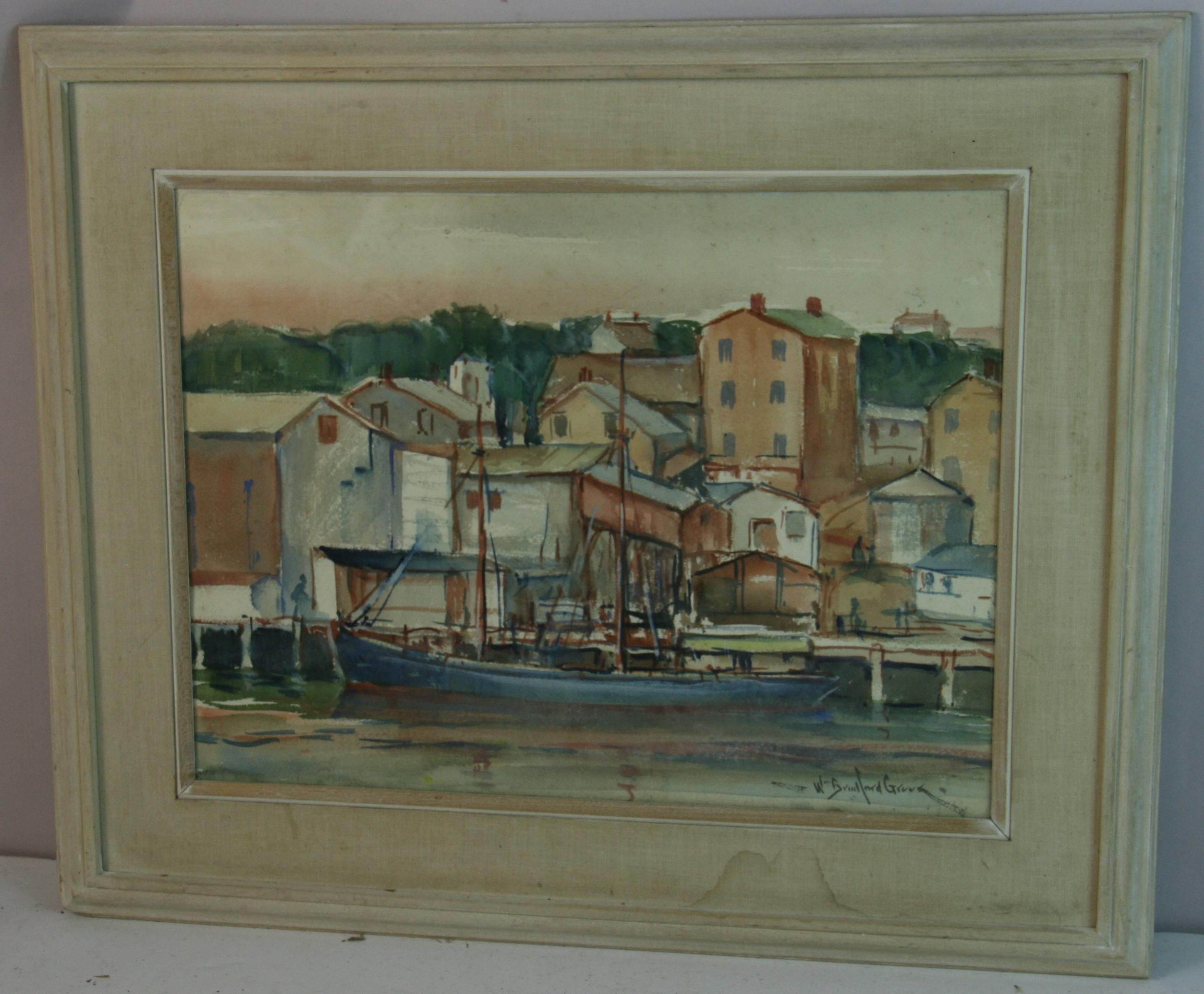 Unknown Landscape Painting - 1960s Gouache Painting of South of France Harbour Scene, Framed