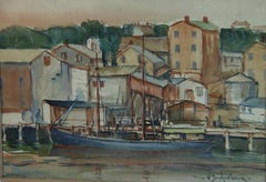 1960s Gouache Painting of South of France Harbour Scene, Framed