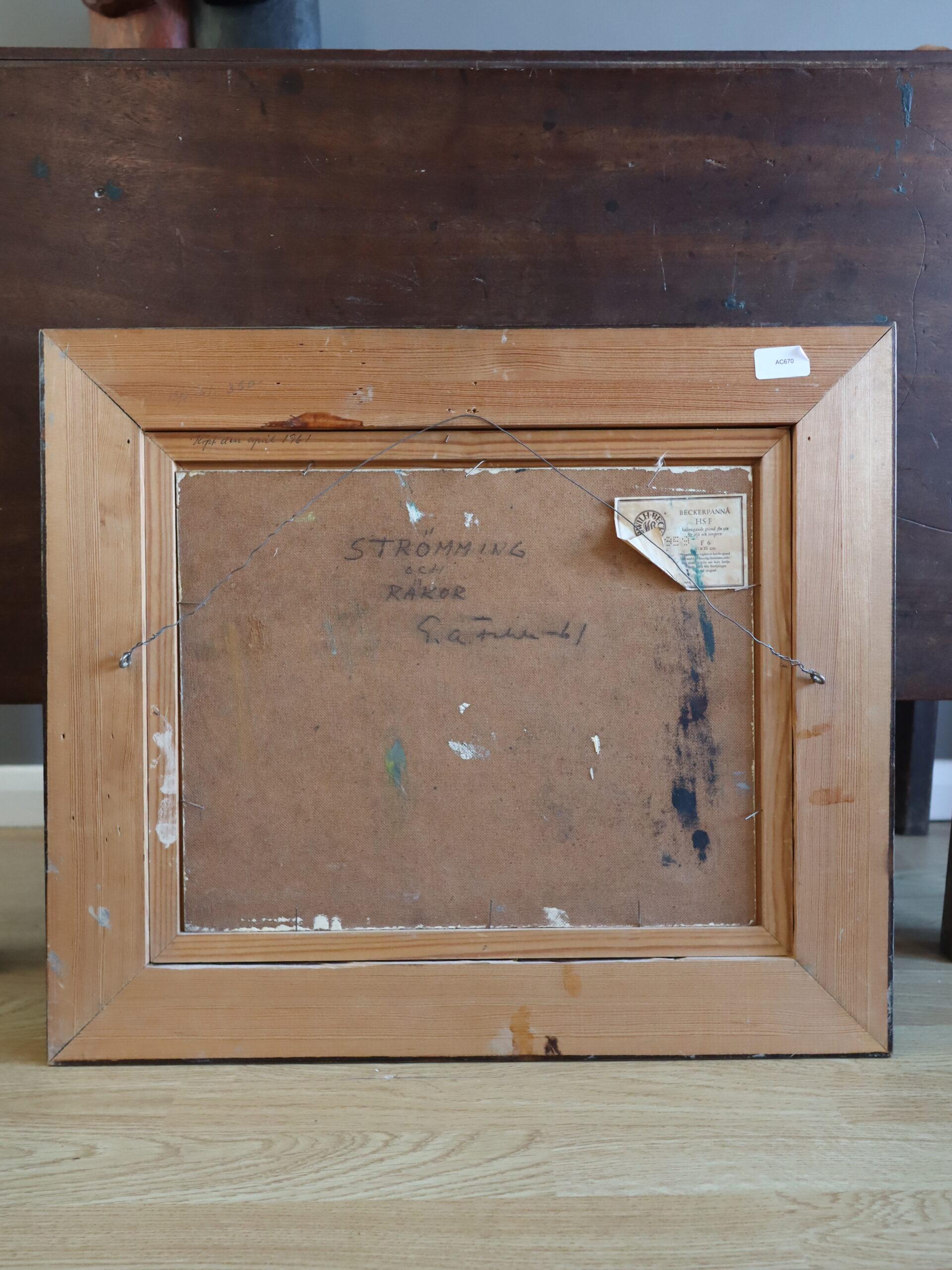 1961 Mid Century Modernes Schwedisches Original-Ölgemälde - Stillleben mit Sardinen im Angebot 7