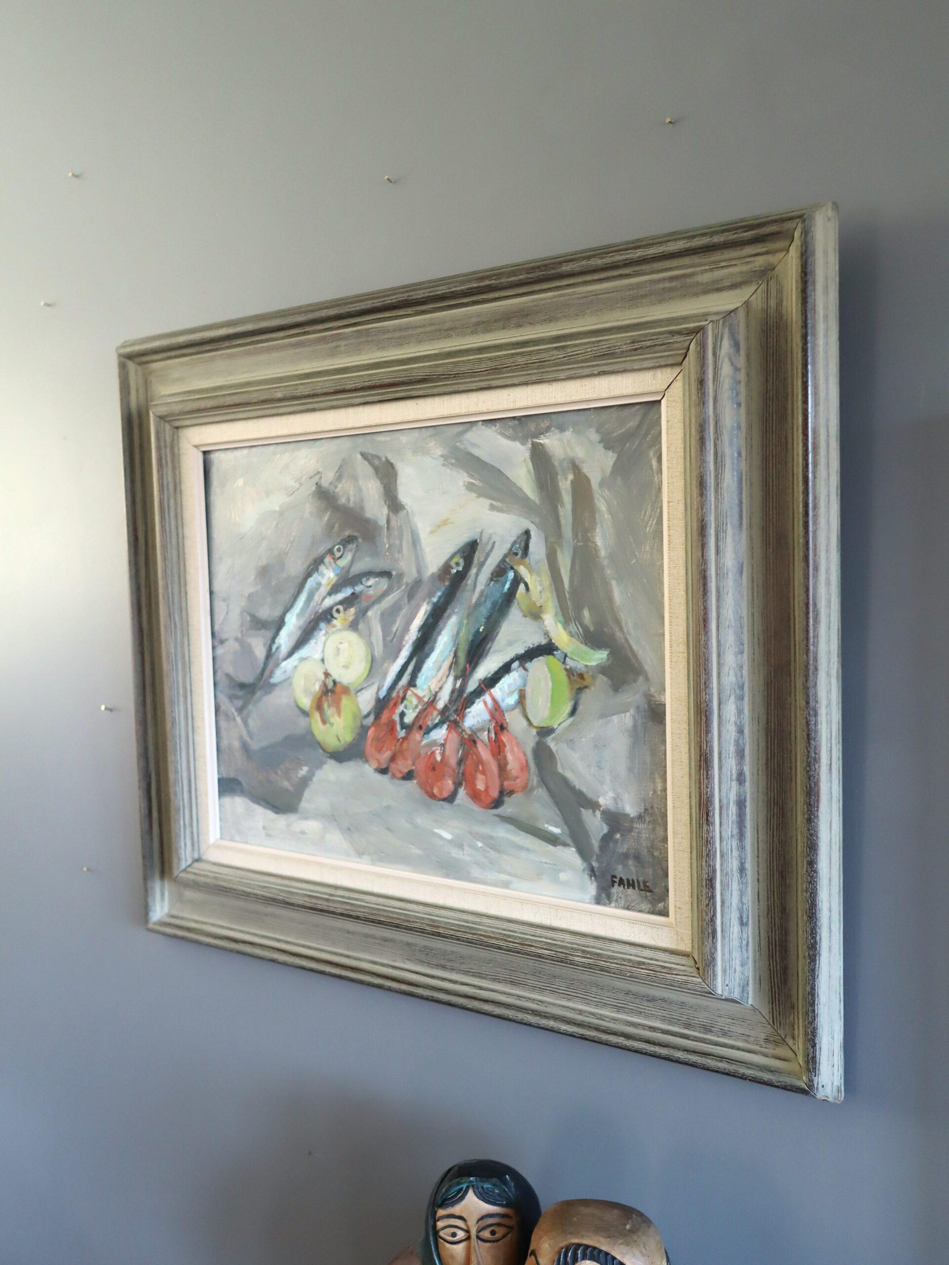 1961 Mid Century Modernes Schwedisches Original-Ölgemälde - Stillleben mit Sardinen im Angebot 1