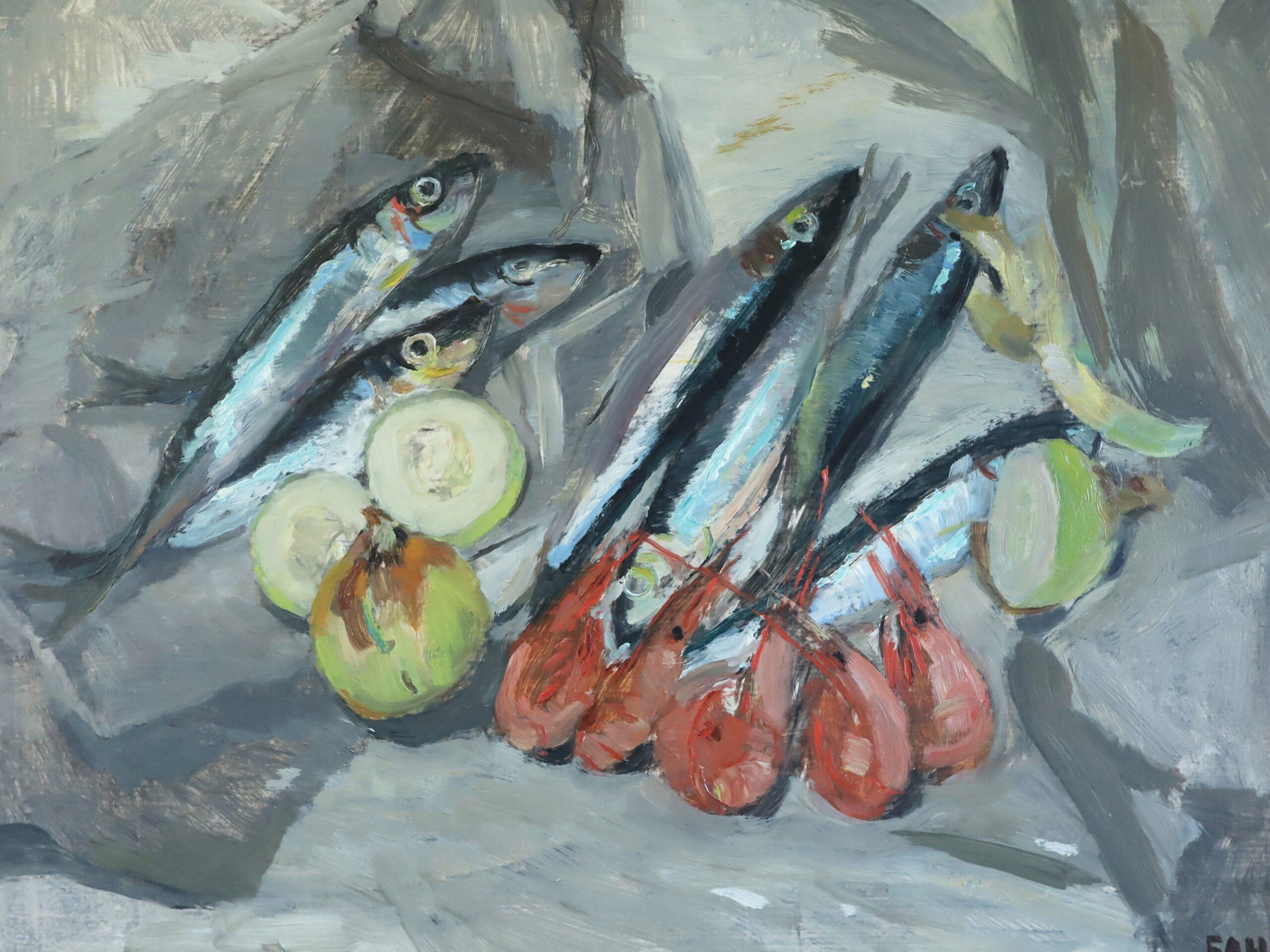 1961 Mid Century Modernes Schwedisches Original-Ölgemälde - Stillleben mit Sardinen im Angebot 4