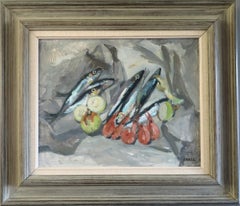 1961 Mid Century Modern Swedish Original Oil Painting - Still Life with Sardines