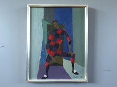 1961 Mid Century Swedish Geometric Figurative Oil Painting - Seated Harlequin