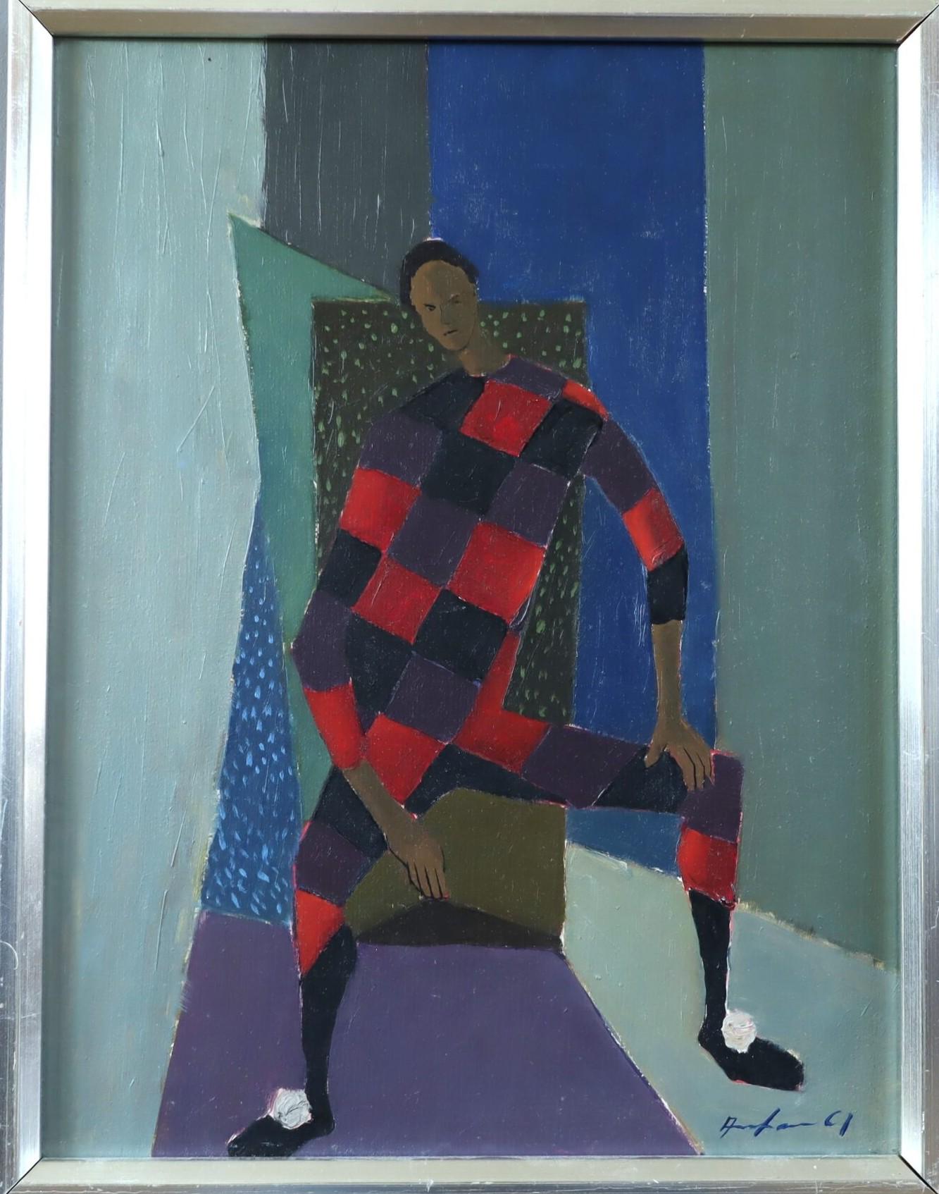 Unknown Figurative Painting - 1961 Mid Century Swedish Geometric Figurative Oil Painting - Seated Harlequin