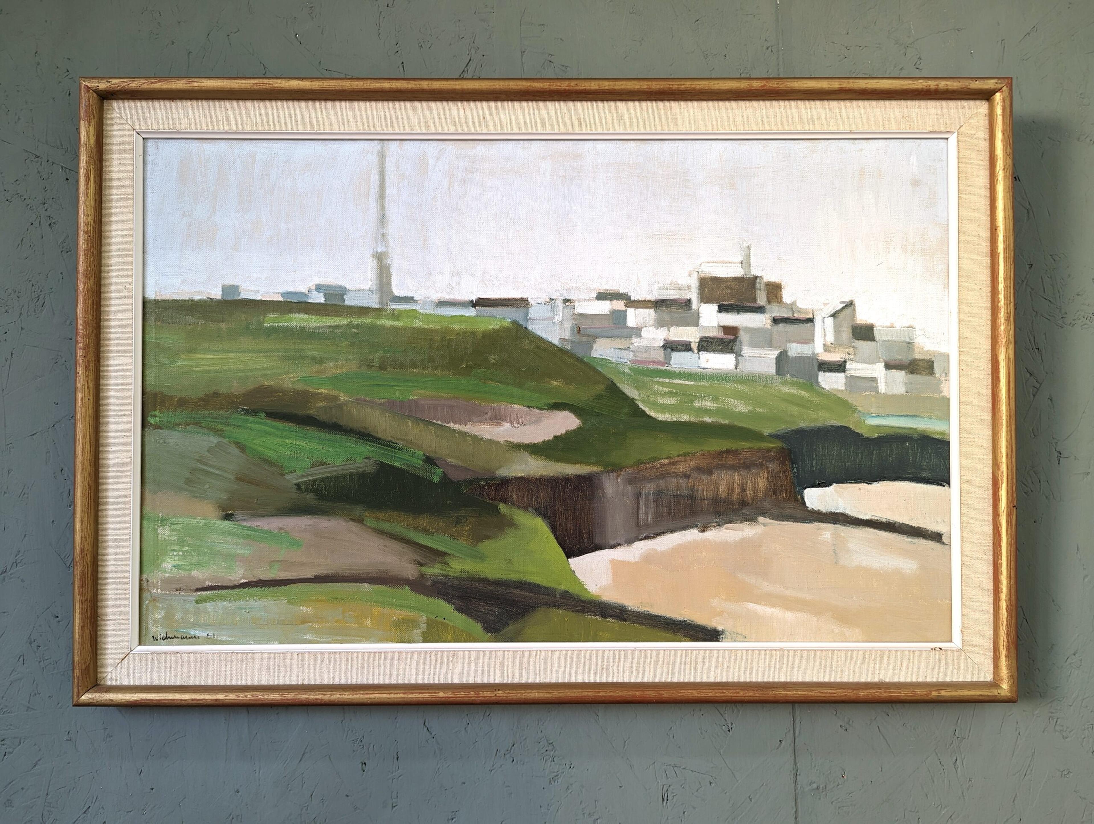 Peinture à l'huile de paysage de ville expressionniste du milieu du siècle dernier, Bretagne, 1961 - Painting de Unknown