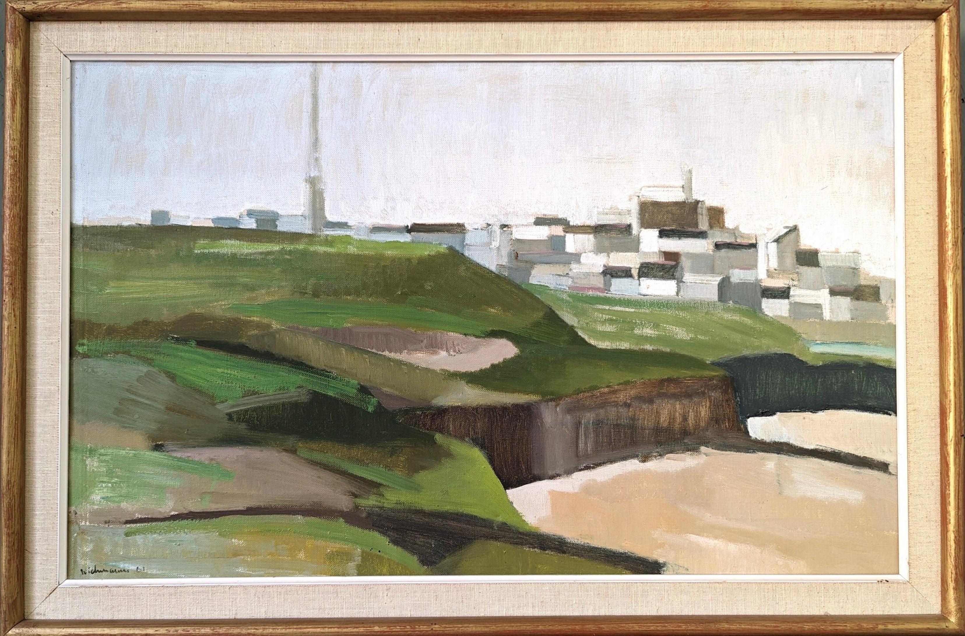 Peinture à l'huile de paysage de ville expressionniste du milieu du siècle dernier, Bretagne, 1961