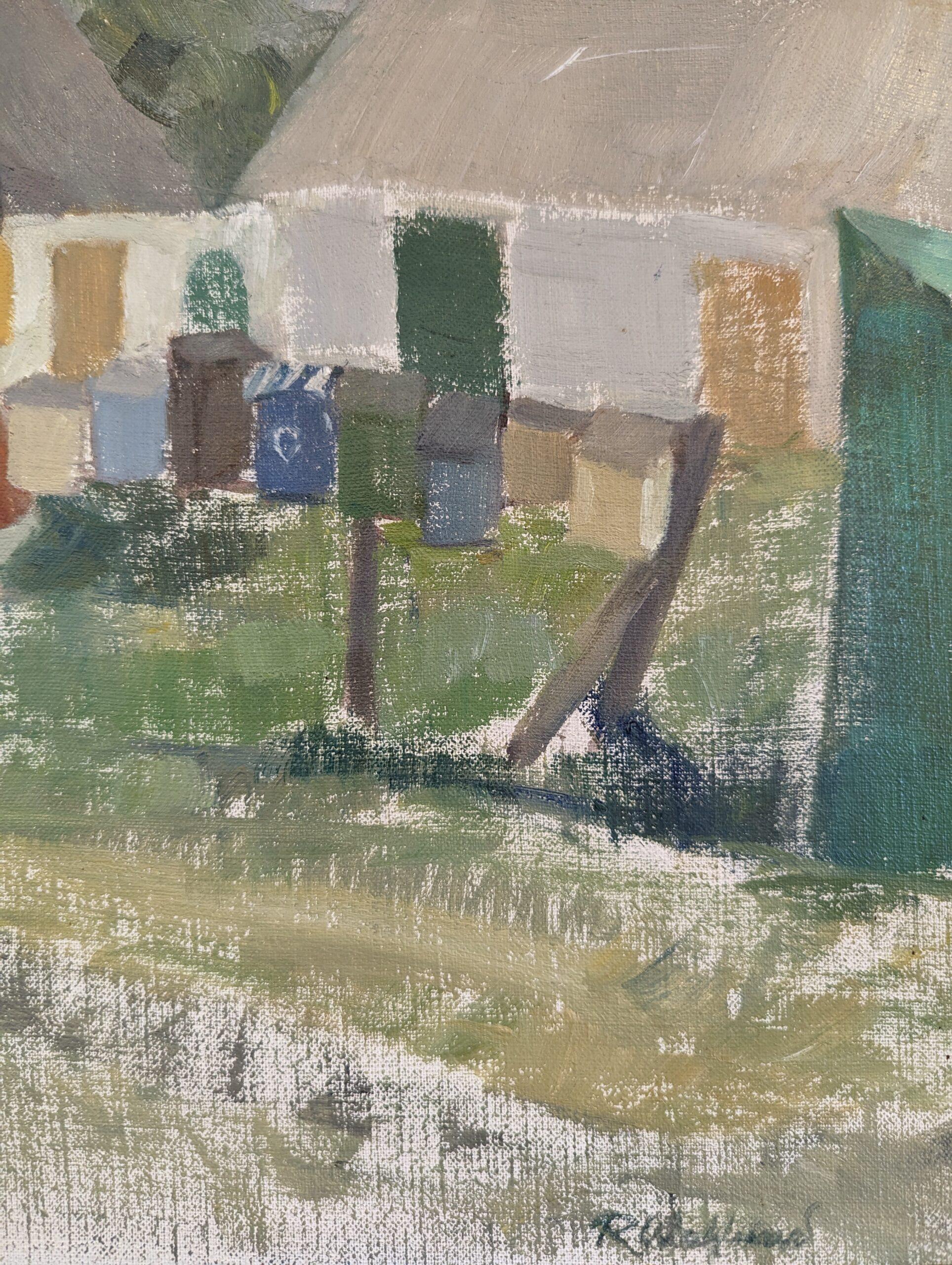 1961 Vintage Mid-Century Modern Landscape Framed Oil Painting - Little Boxes For Sale 8