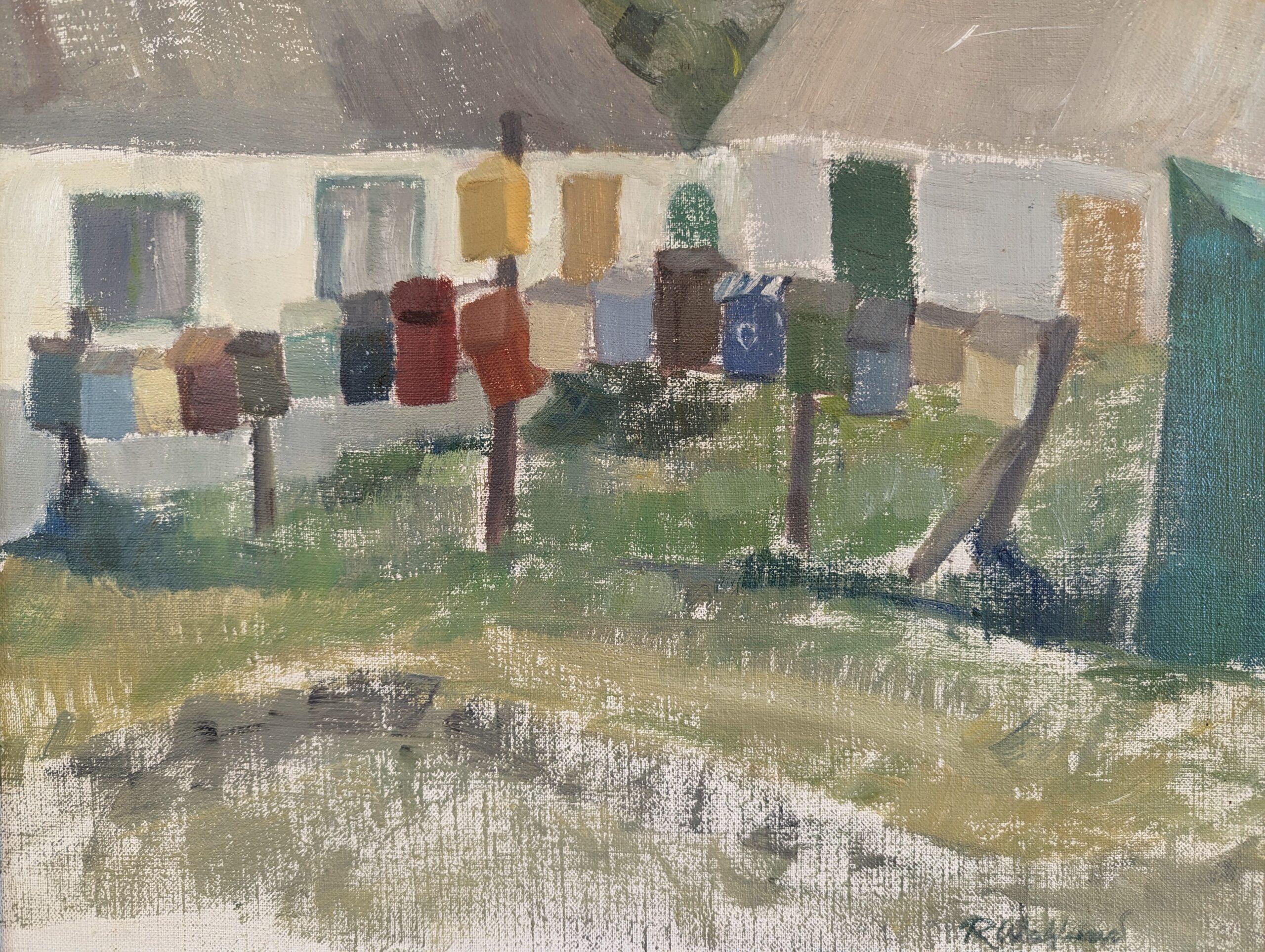 1961 Vintage Mid-Century Modern Landscape Peinture à l'huile encadrée - Little Boxes 6