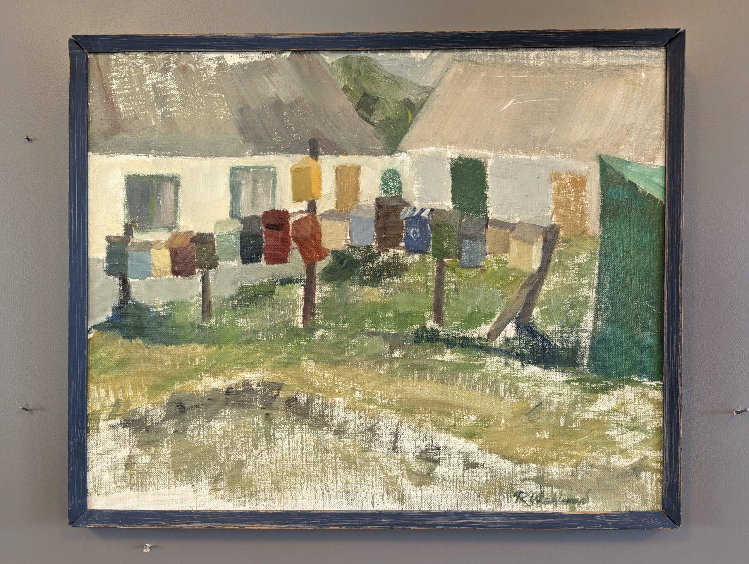 LITTLE BOXES
Size: 35 x 44 cm (including frame)
Oil on Canvas

A brilliantly executed modernist landscape scene in oil, painted onto canvas and dated 1961.

This mid century composition features a courtyard area surrounded by farmhouses. In the