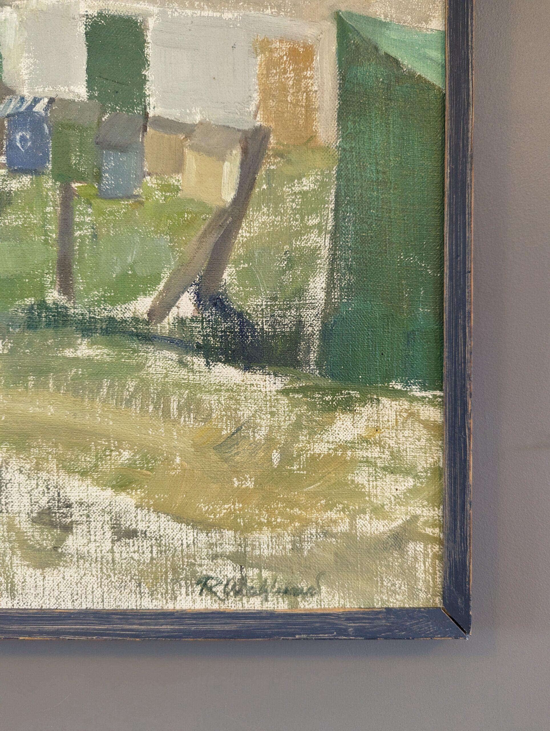 1961 Vintage Mid-Century Modern Landscape Framed Oil Painting - Little Boxes For Sale 5