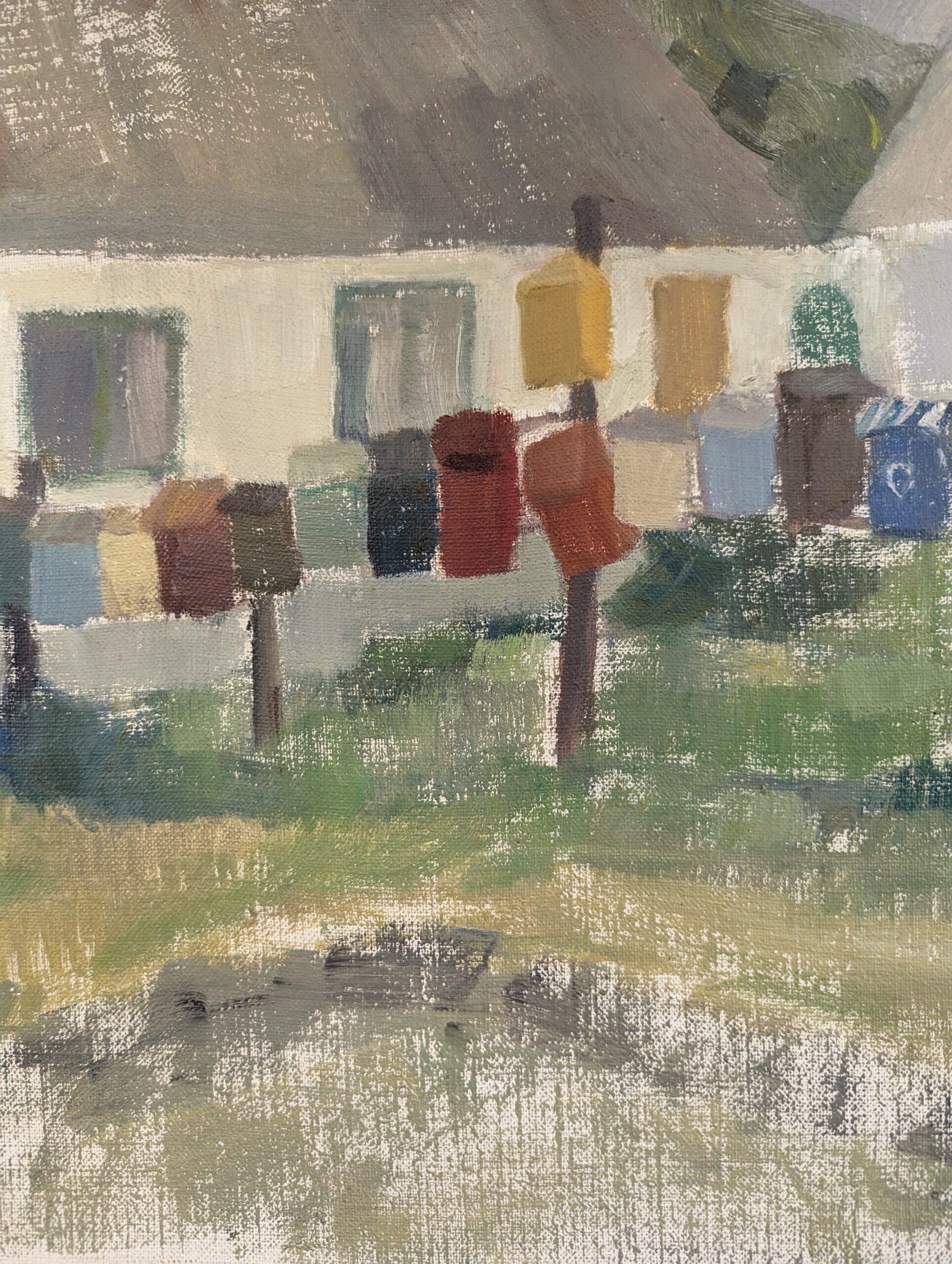 1961 Vintage Mid-Century Modern Landscape Peinture à l'huile encadrée - Little Boxes 4