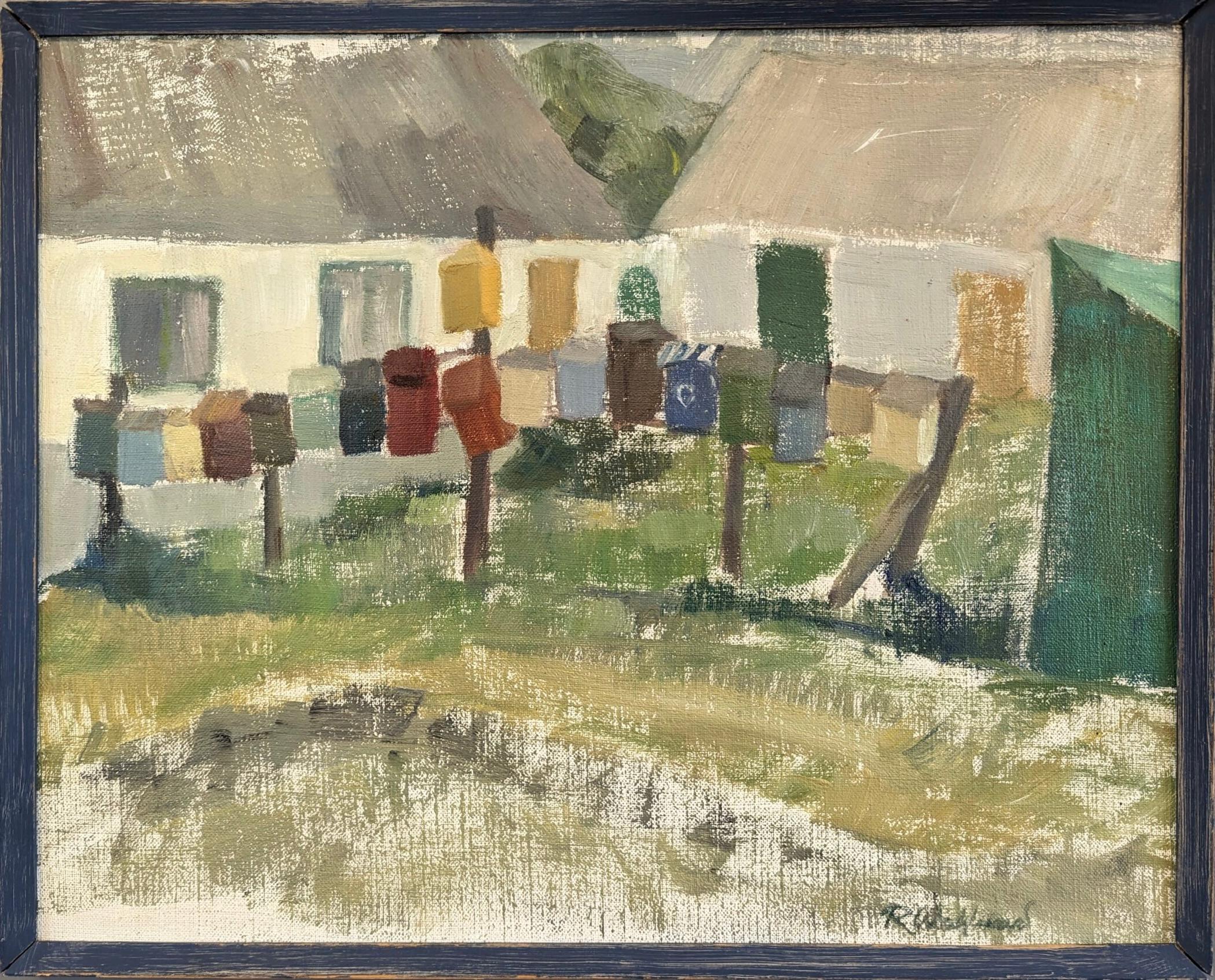 Unknown Landscape Painting - 1961 Vintage Mid-Century Modern Landscape Framed Oil Painting - Little Boxes