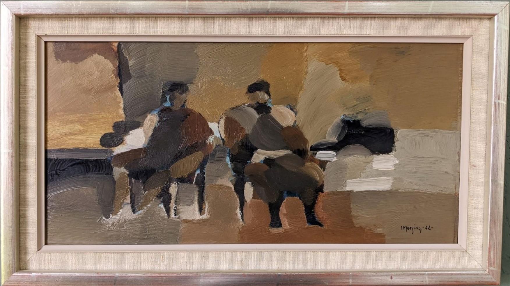Ivar Morsing Figurative Painting - 1962 Vintage Swedish Figurative Abstract Oil Painting  - Two Seated Figures