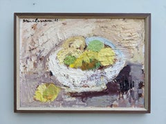 1962 Vintage Mid-Century Abstract Framed Oil Painting - Still Life with Lemons