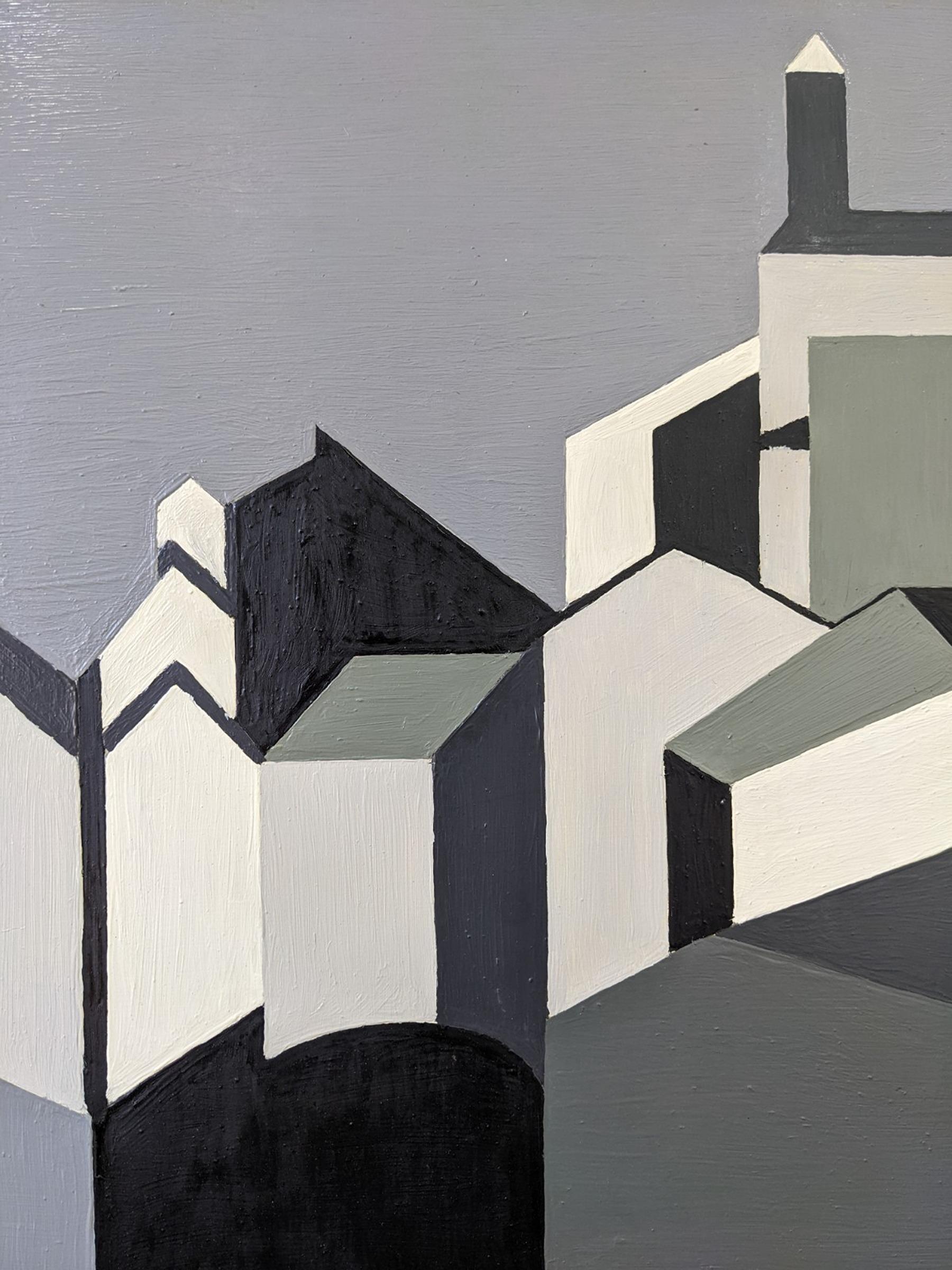 1962 Vintage Mid-Century Cubist Geometric Oil Painting - Houses in Monochrome 8