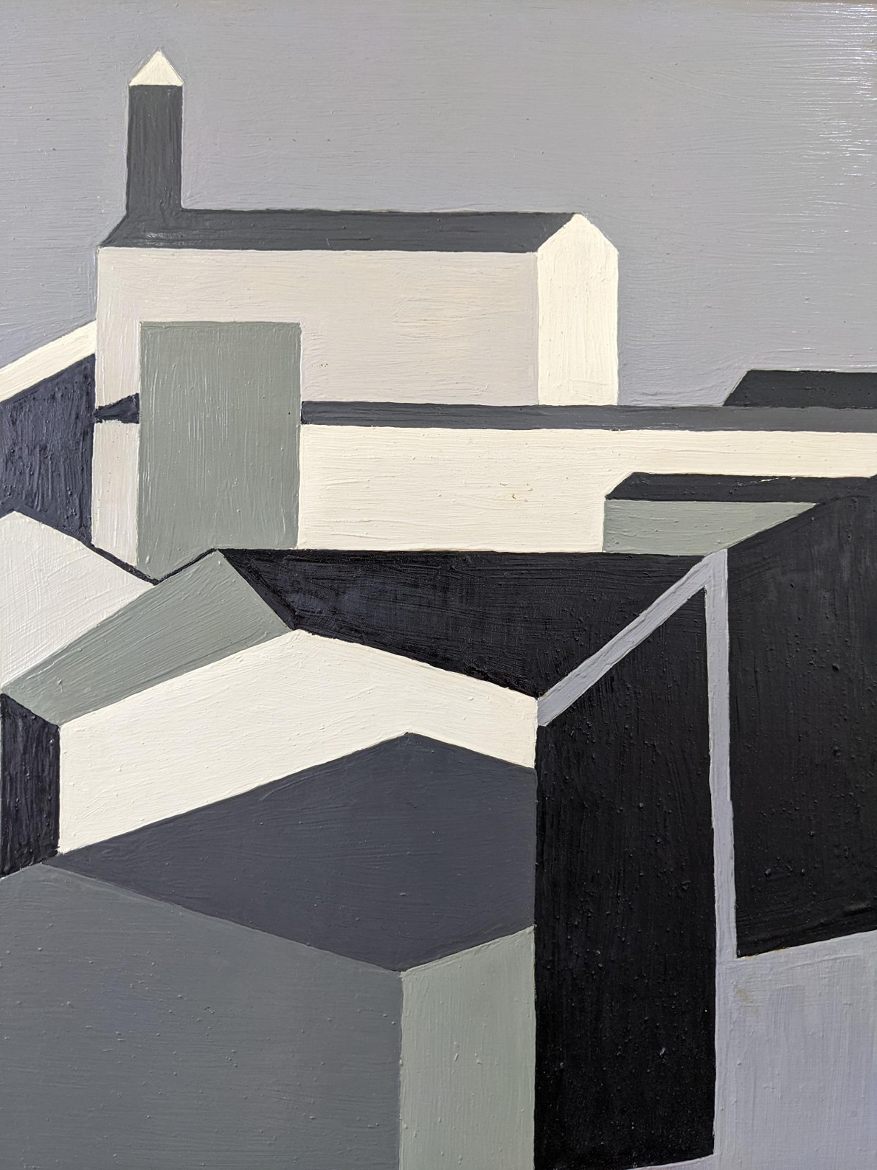 1962 Vintage Mid-Century Cubist Geometric Oil Painting - Houses in Monochrome 9