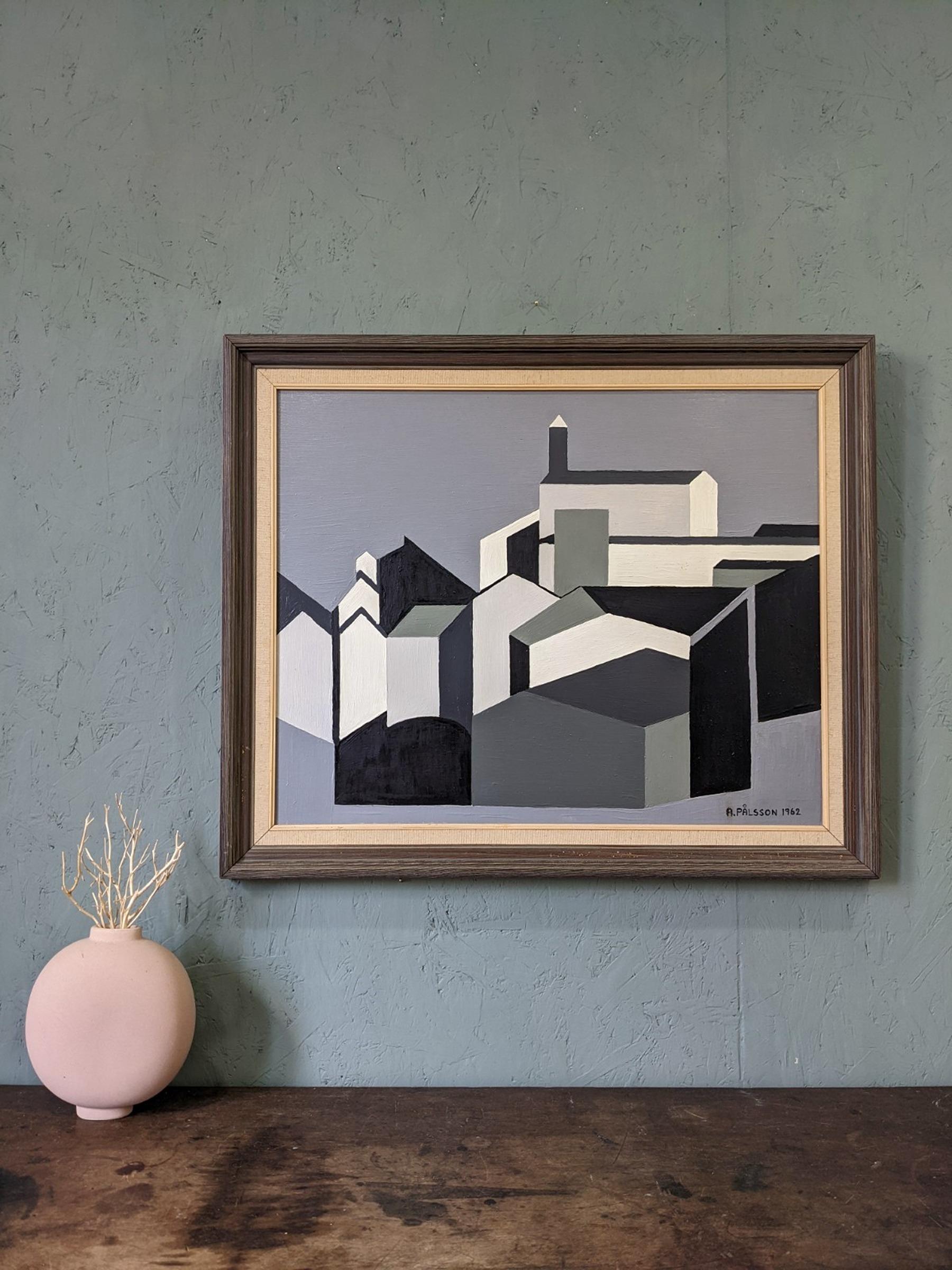 1962 Vintage Mid-Century Cubist Geometric Oil Painting - Houses in Monochrome 1