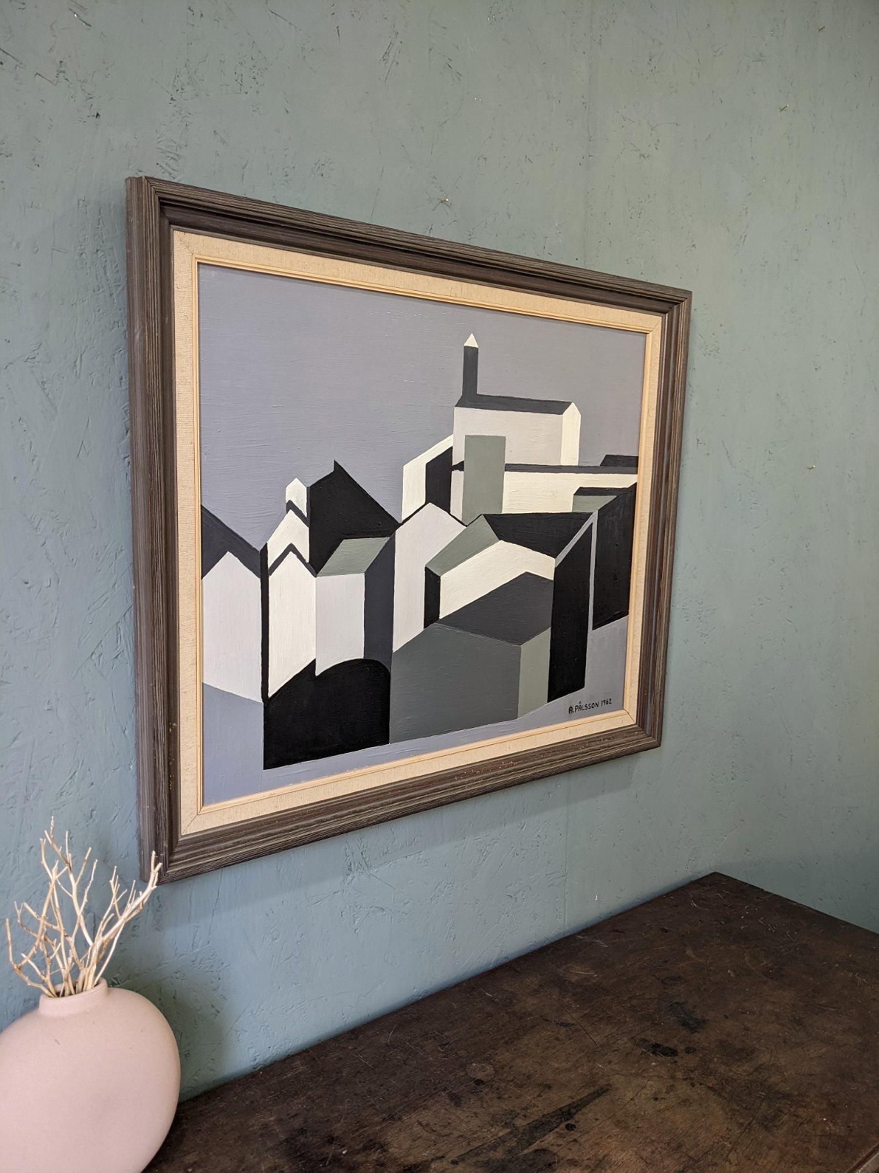 1962 Vintage Mid-Century Cubist Geometric Oil Painting - Houses in Monochrome 2