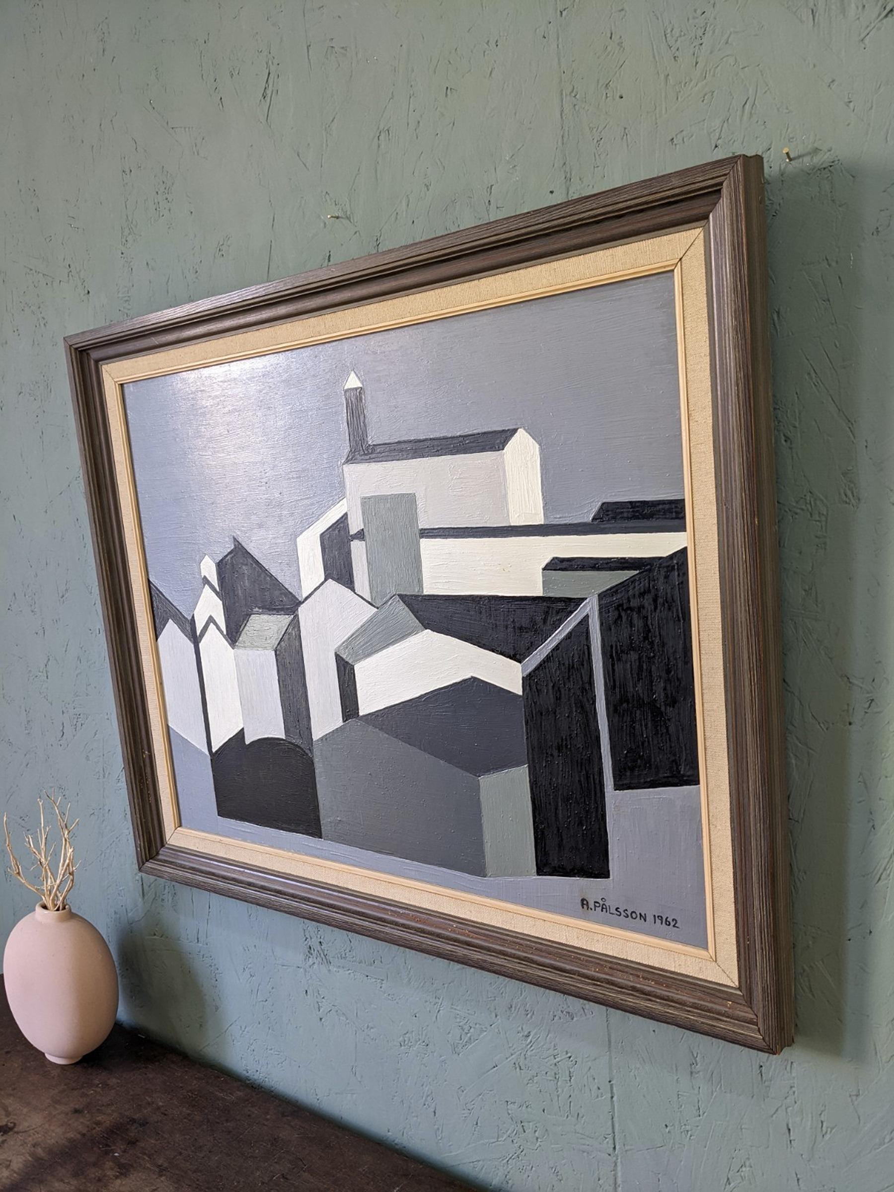 1962 Vintage Mid-Century Cubist Geometric Oil Painting - Houses in Monochrome 3