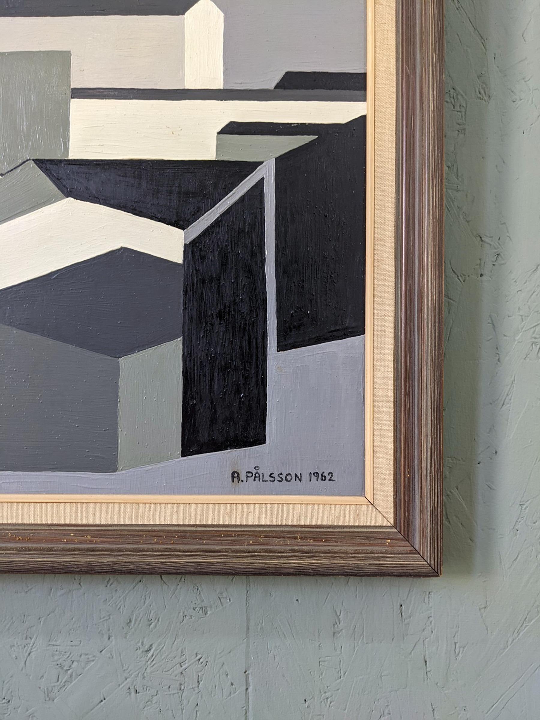 1962 Vintage Mid-Century Cubist Geometric Oil Painting - Houses in Monochrome 7