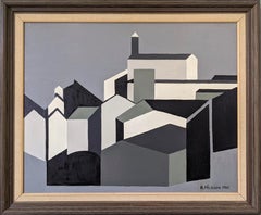 1962 Vintage Mid-Century Cubist Geometric Oil Painting - Houses in Monochrome