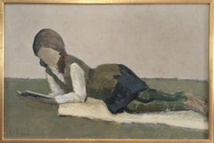 1962 Vintage Mid-Century Modern Figurative Oil Painting - Reader in Green