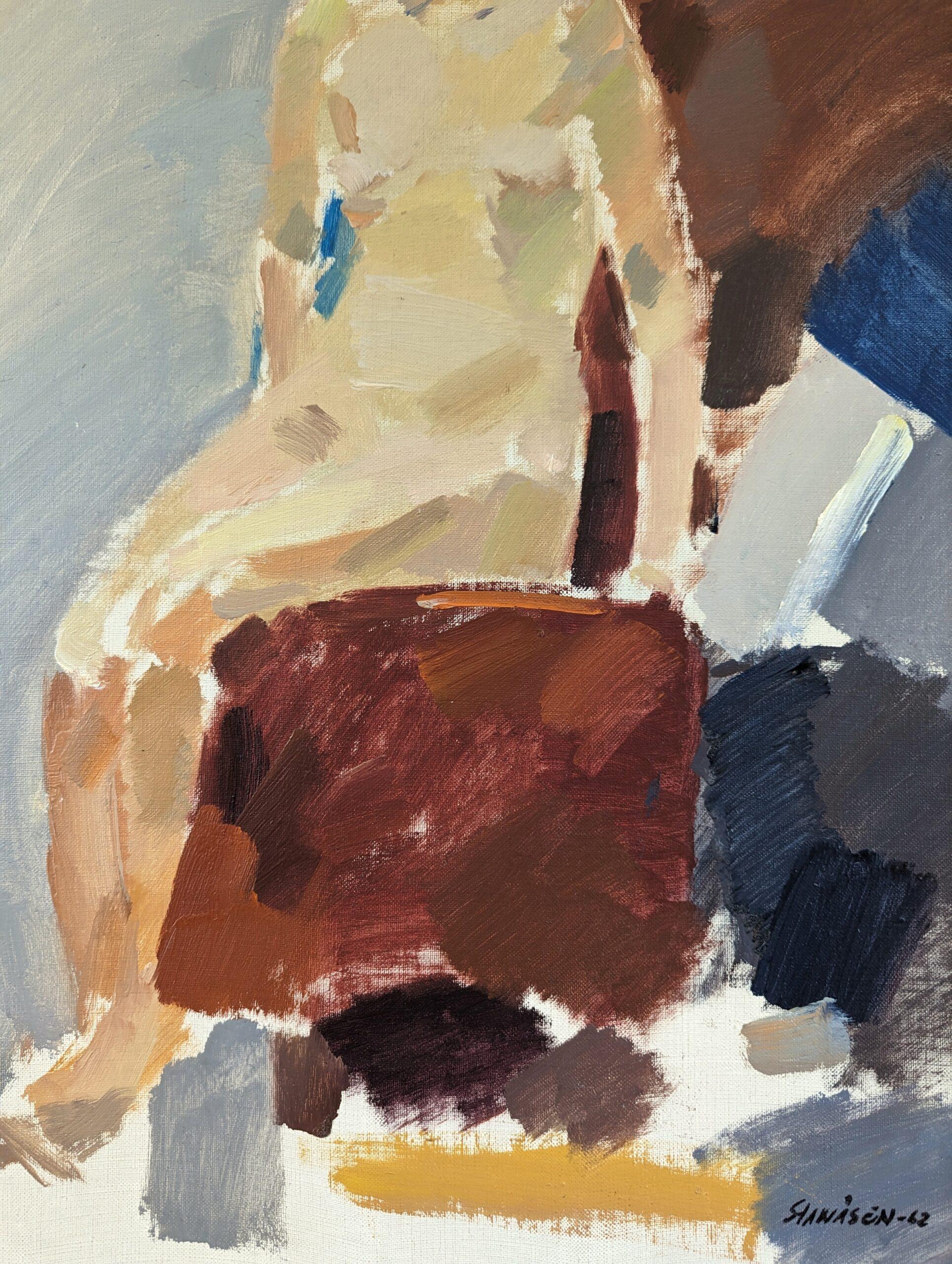 Peinture à l'huile de portrait nu moderne du milieu du siècle dernier, sur la chaise rouge, 1962 en vente 6