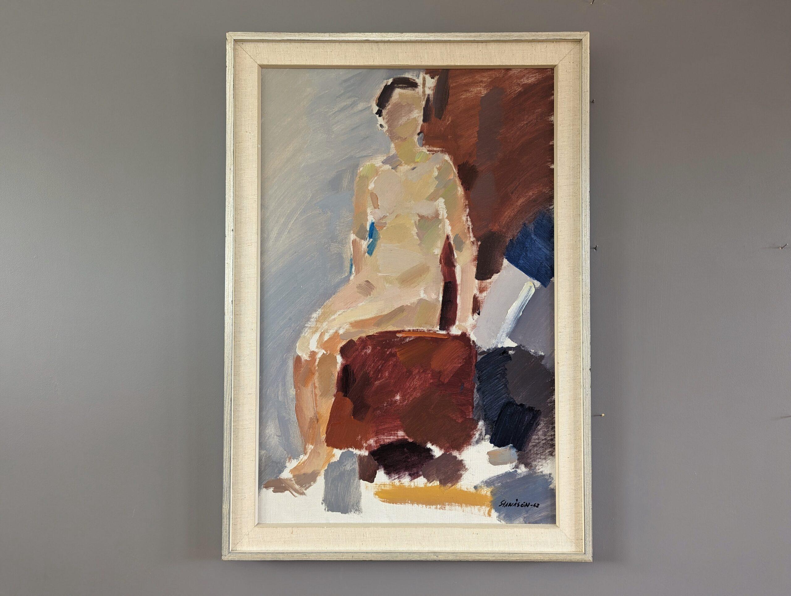 ON THE RED CHAIR
Size: 71.5 x 50 cm (including frame)
Oil on Board

A large and very well-executed mid-century modernist oil composition, painted onto canvas and dated 1962.

In this study of a nude figure, the artist has painted in an expressionist