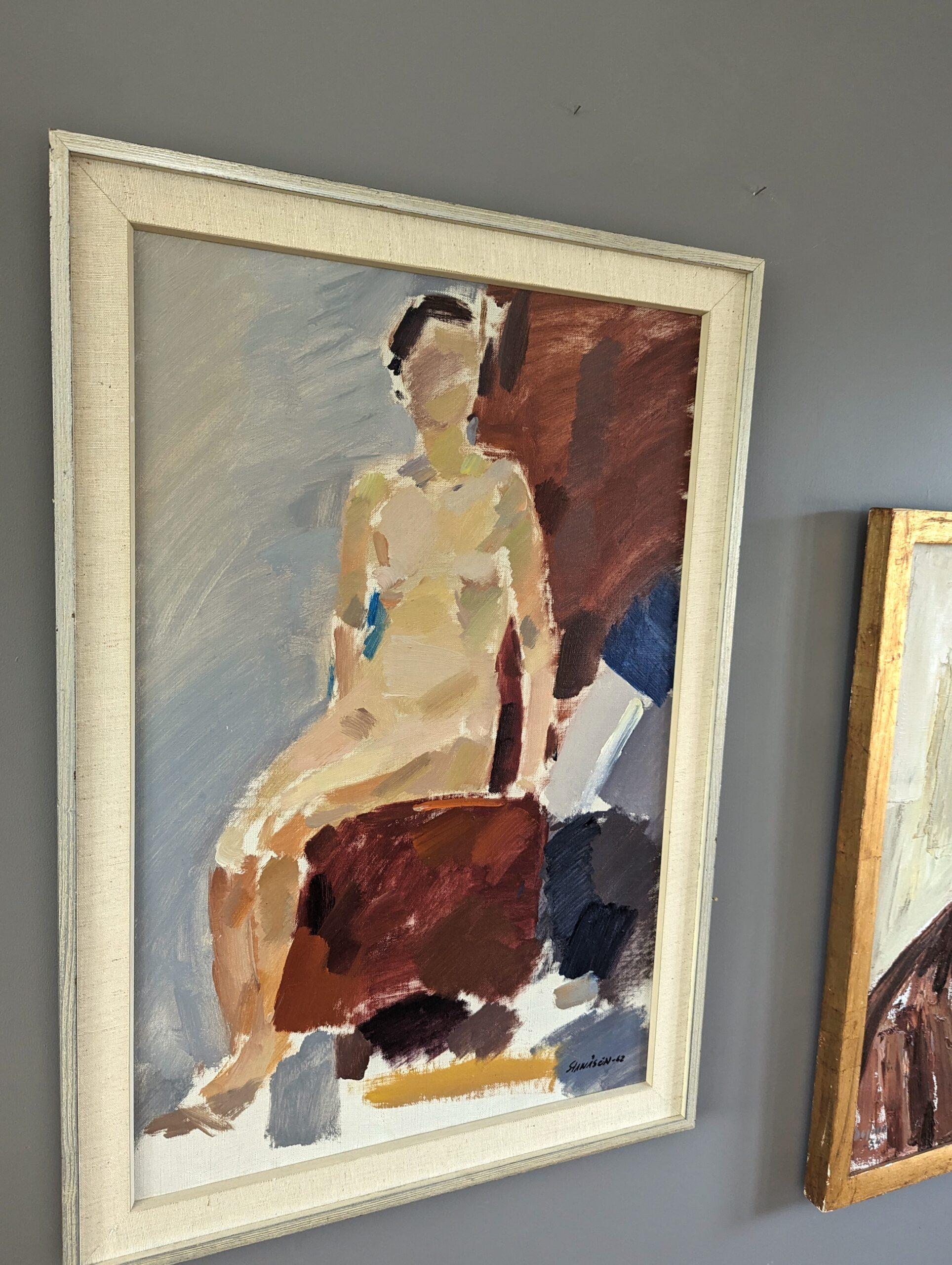 1962 Vintage Mid-Century Modern Nude Portrait Oil Painting - On the Red Chair For Sale 1
