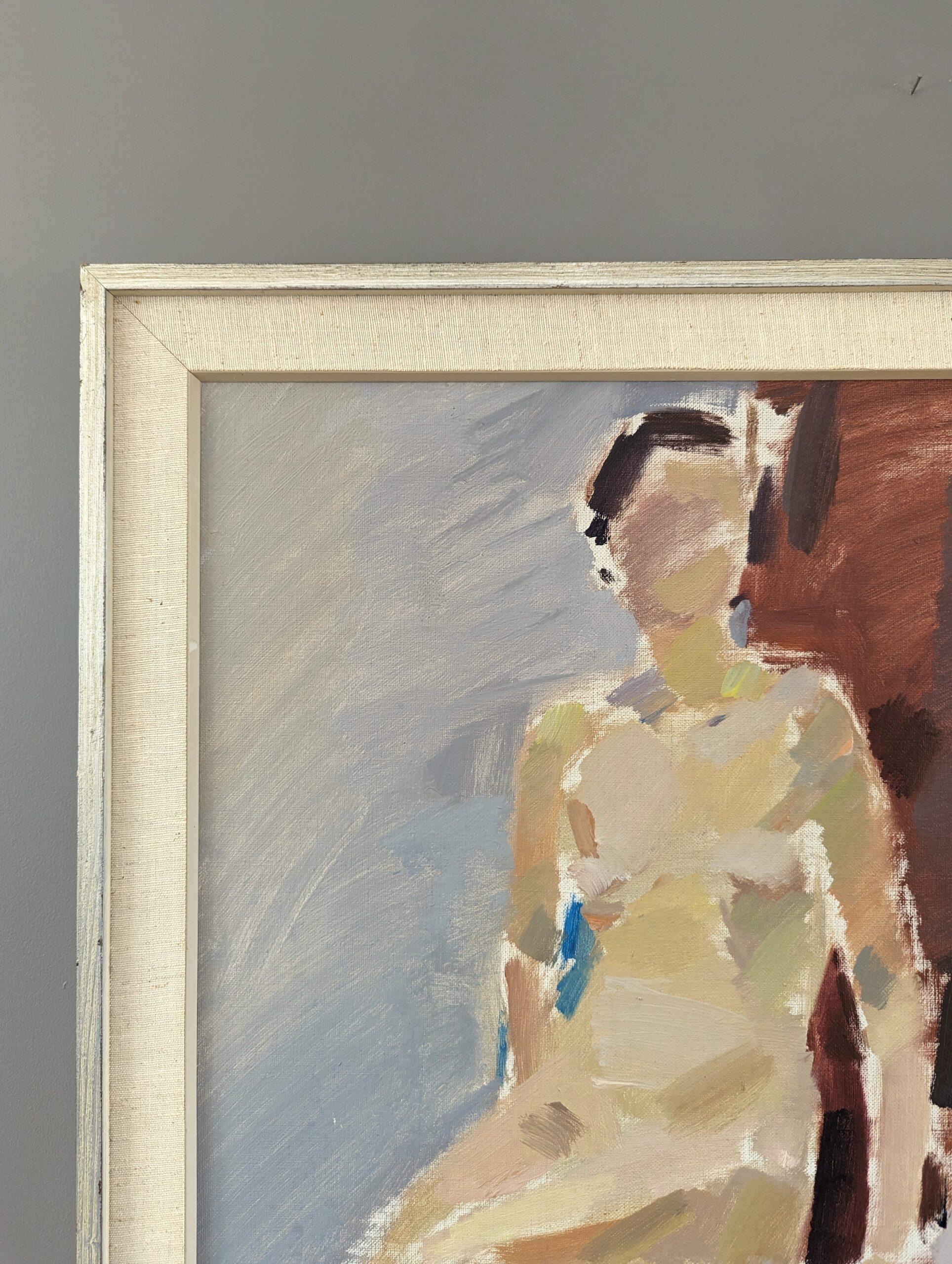SUR LA CHAISE ROUGE
Dimensions : 71,5 x 50 cm (cadre compris)
Huile sur panneau

Une grande composition à l'huile moderniste du milieu du siècle, très bien exécutée, peinte sur toile et datée de 1962.

Dans cette étude d'une figure nue, l'artiste a