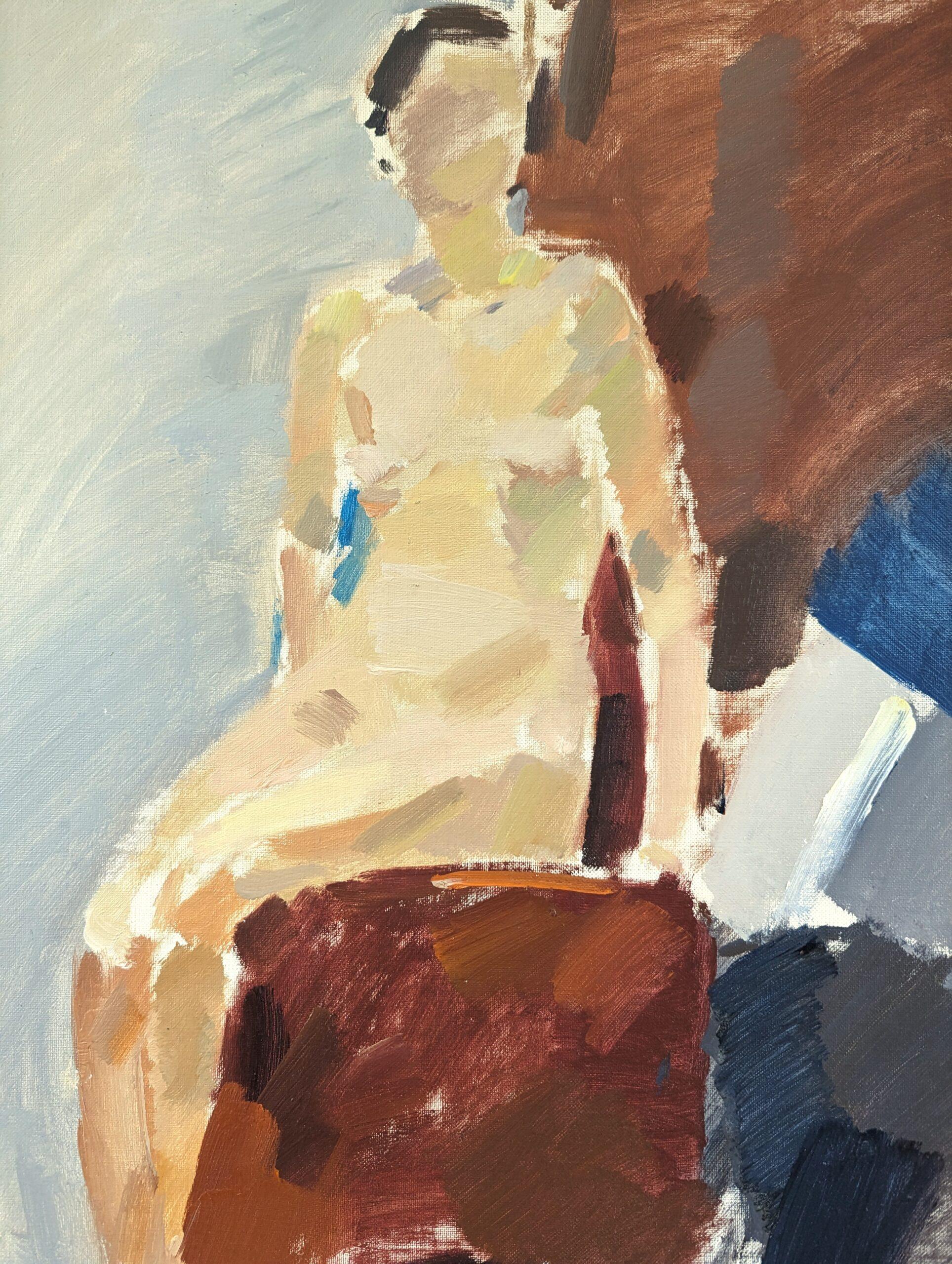 Peinture à l'huile de portrait nu moderne du milieu du siècle dernier, sur la chaise rouge, 1962 en vente 4