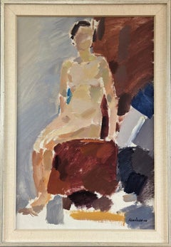 1962 Vintage Mid-Century Modern Nude Portrait Oil Painting - On the Red Chair