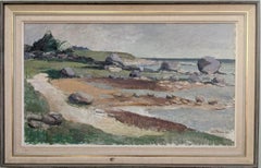 1962 Vintage Mid Century Swedish Landscape Peinture à l'huile encadrée - Rockpools