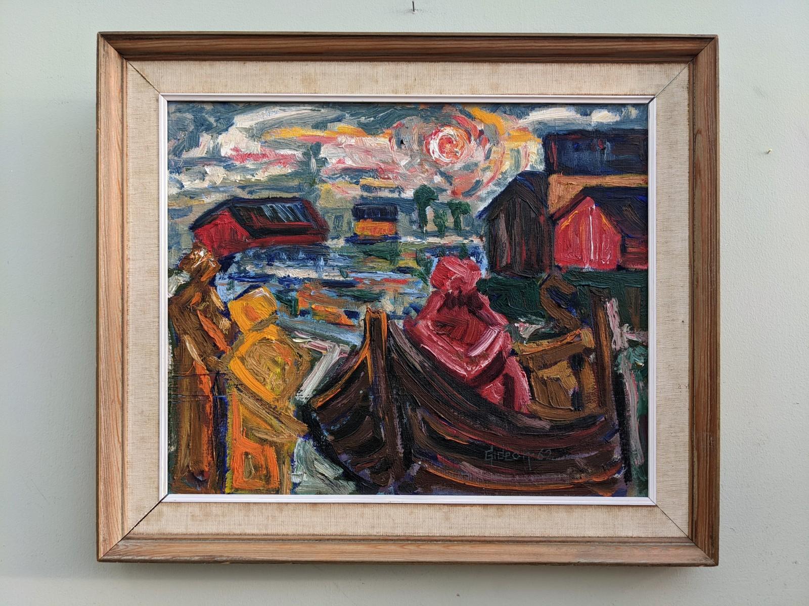 VIVID LAKE 
Oil on canvas
Size: 48 x 56 cm (including frame)

A bold and intensely coloured mid century modernist oil composition on canvas, painted in 1962.

Depicted in this picture is a group of figures, one on a boat. Behind them sit harbourside