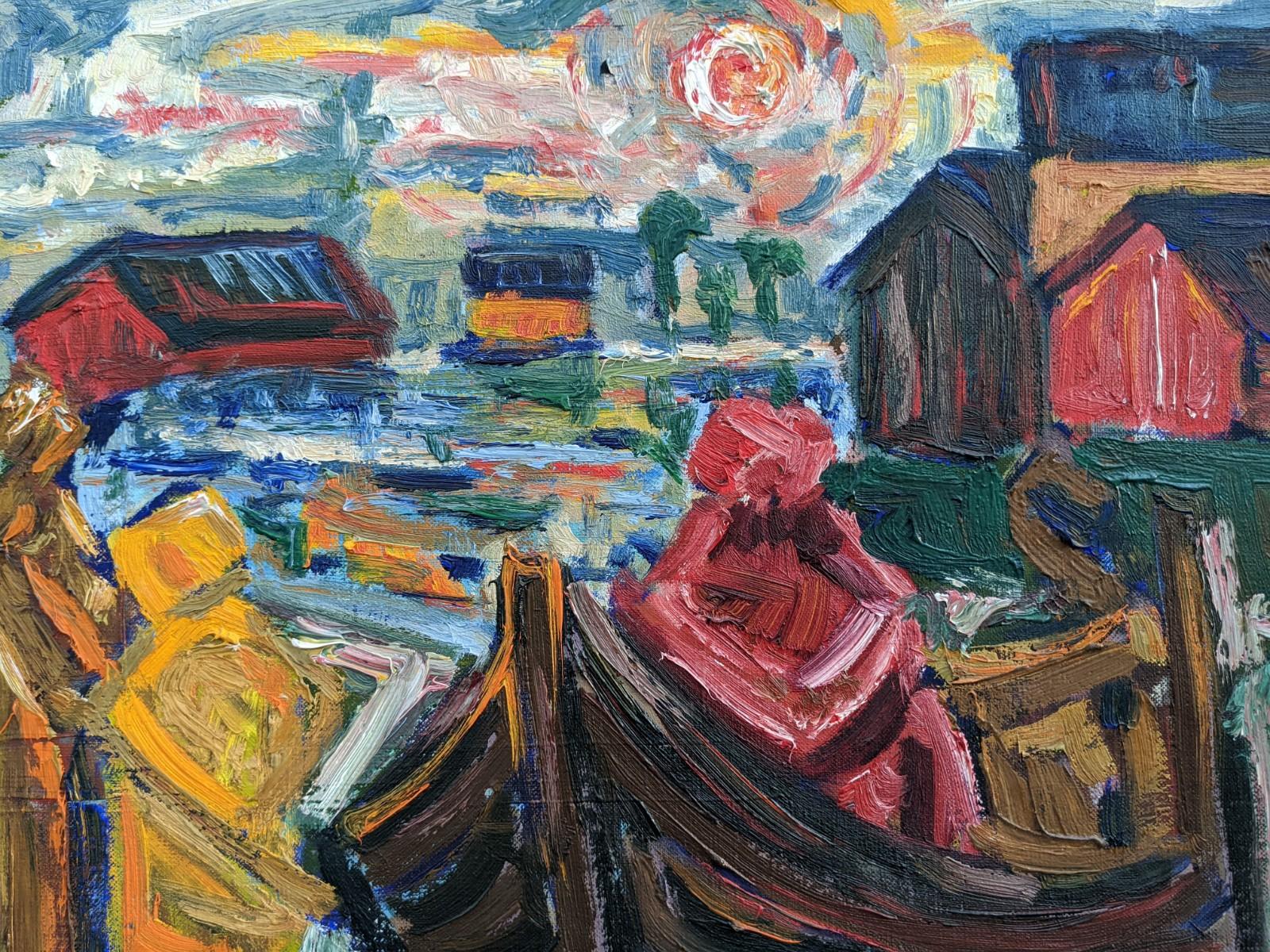 Peinture à l'huile suédoise vintage moderne et expressionniste encadrée Vivid Lake, 1962 2