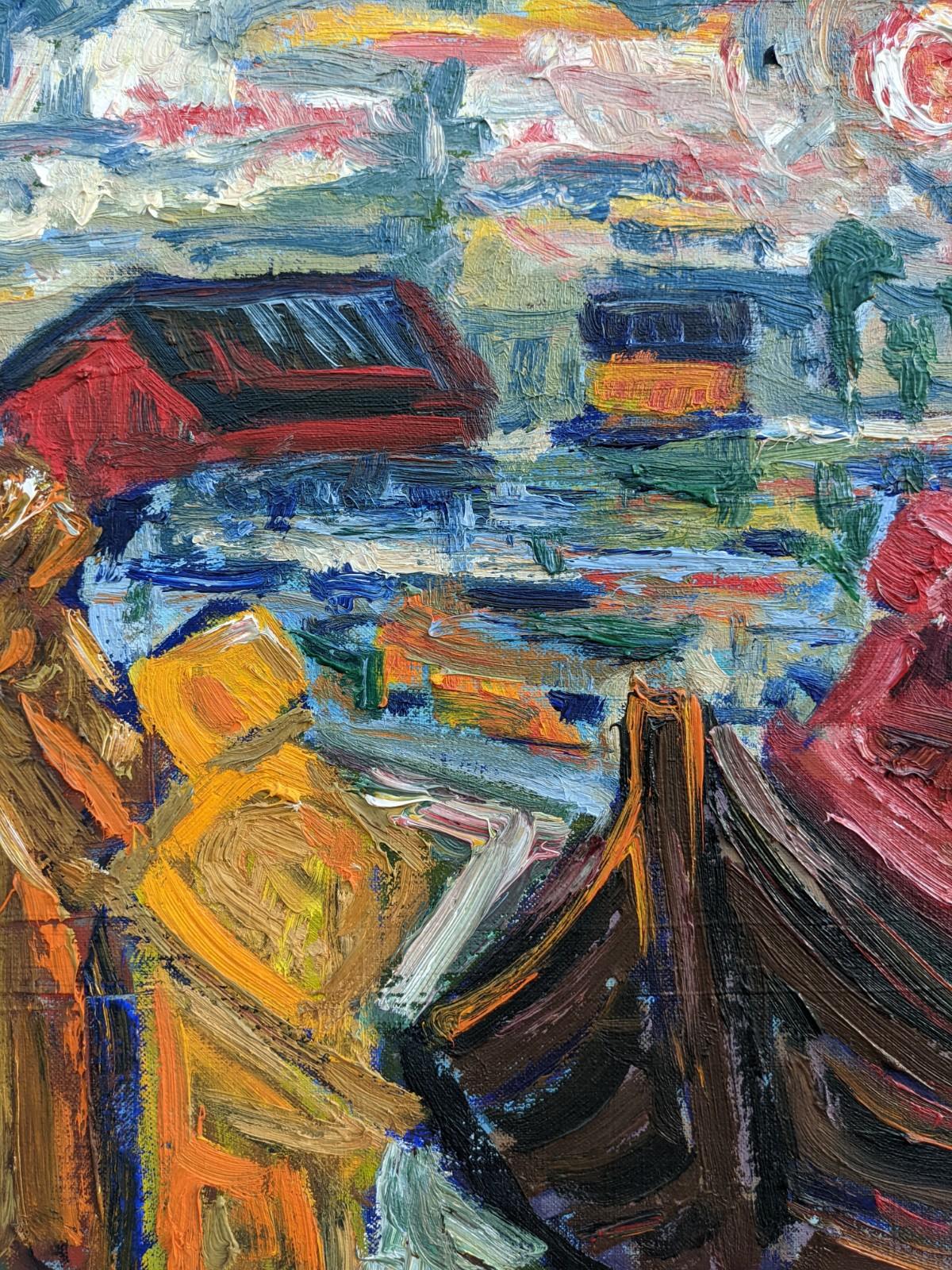 Peinture à l'huile suédoise vintage moderne et expressionniste encadrée Vivid Lake, 1962 3