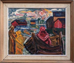 Peinture à l'huile suédoise vintage moderne et expressionniste encadrée Vivid Lake, 1962