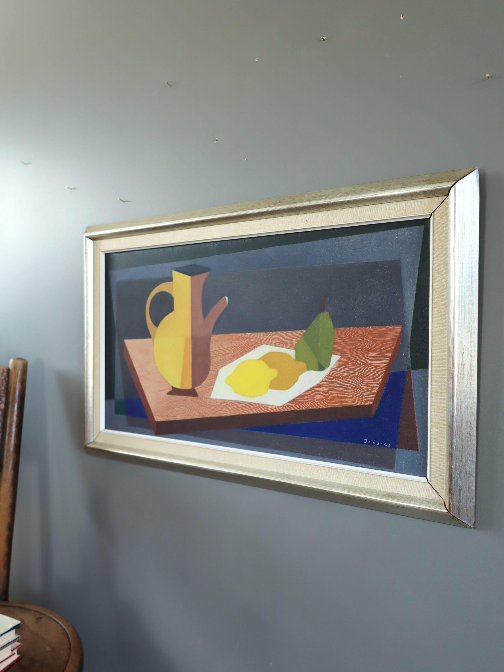 Schwedisches Original-Stillleben, Ölgemälde, Mid-Century Modern, 1963, Kubistisches Citrus (Grau), Still-Life Painting, von Unknown
