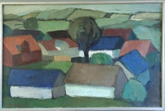1963 Mid Century Swedish Landscape Oil Painting - Houses by the Rolling Hills