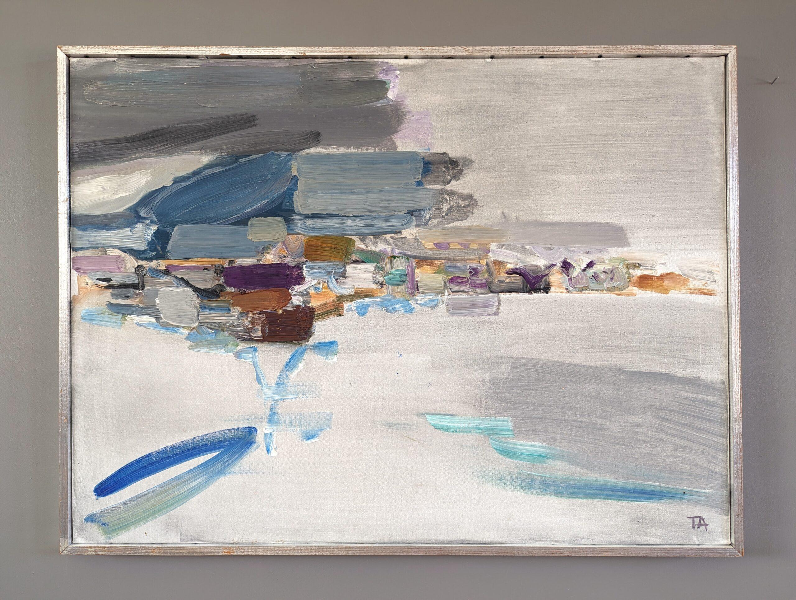 COASTAL THUNDERSTORM
Size: 52.5 x 70 cm (including frame)
Oil on Canvas

An emotive and wonderfully executed mid-century abstract artwork, painted in oil onto canvas and dated 1963.

Captured through dynamic brushwork and a bold abstraction of form,