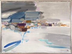 1963 Vintage Paisaje marino abstracto de mediados de siglo Pintura al óleo - Tormenta costera