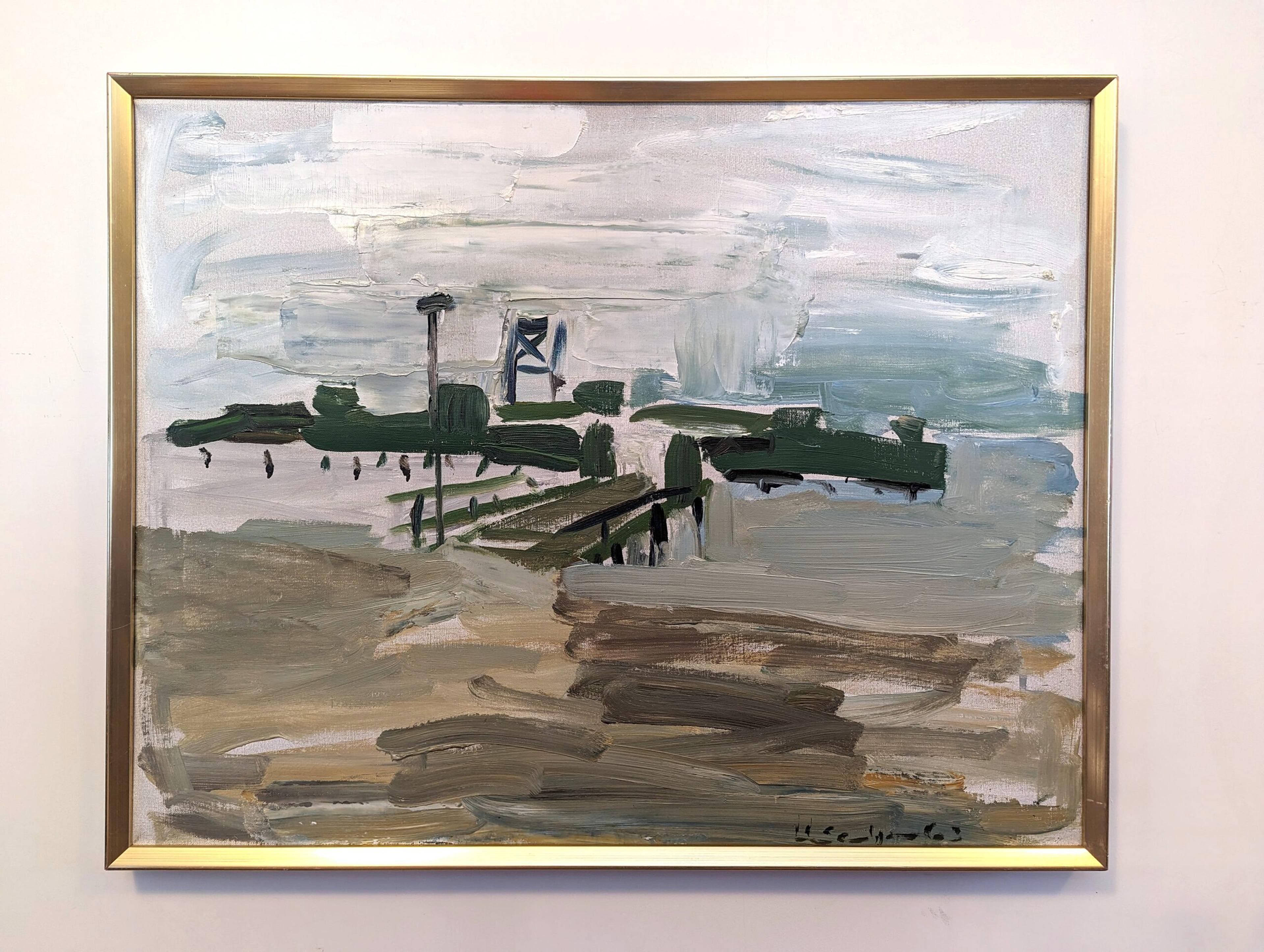 THE GREEN JETTY
Size: 60 x 75.5 cm (including frame)
Oil on Canvas 

A very well executed semi abstract mid century modernist composition, painted in oil onto canvas and dated 63.

Despite its semi abstract composition, we can just about make out