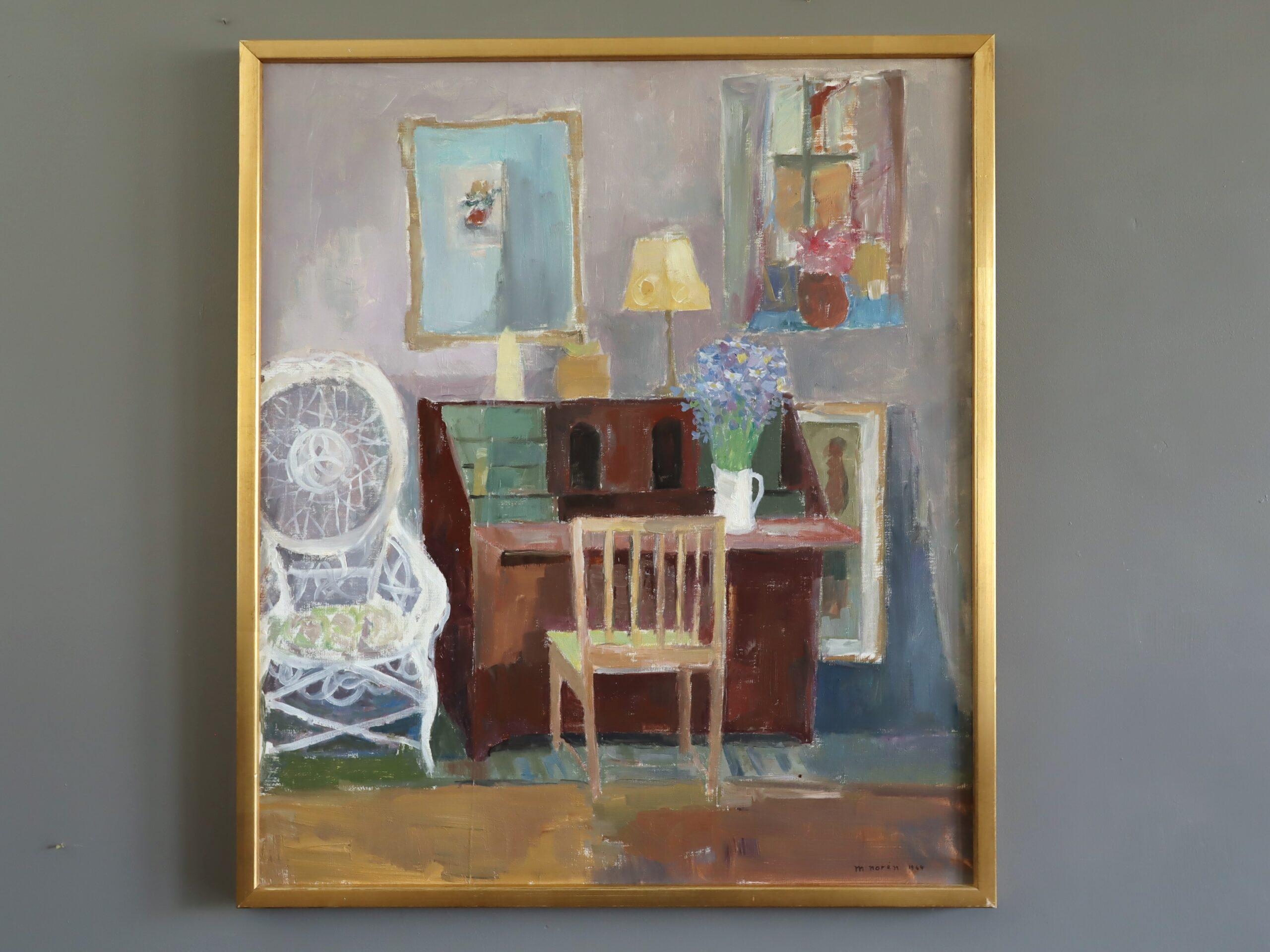 1964 Mid Century Modernes Schwedisches Interieur Ölgemälde - Interieur mit Schreibtisch – Painting von Unknown