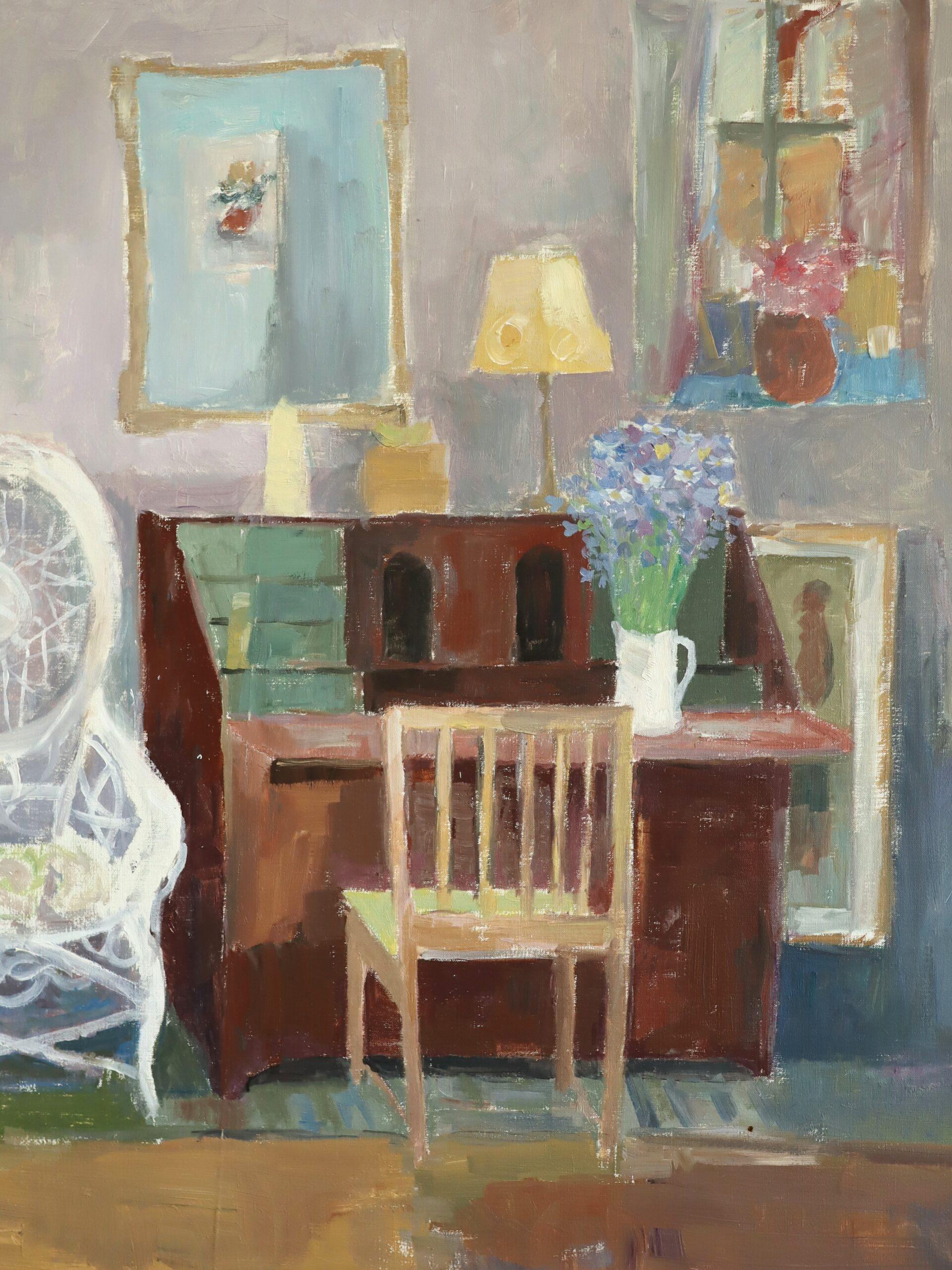 1964 Mid Century Modernes Schwedisches Interieur Ölgemälde - Interieur mit Schreibtisch im Angebot 4