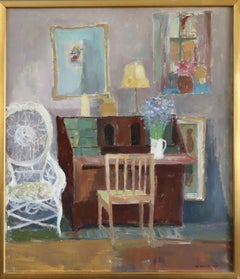 1964 Mid Century Modern Swedish Interior Oil Painting - Interior with Desk