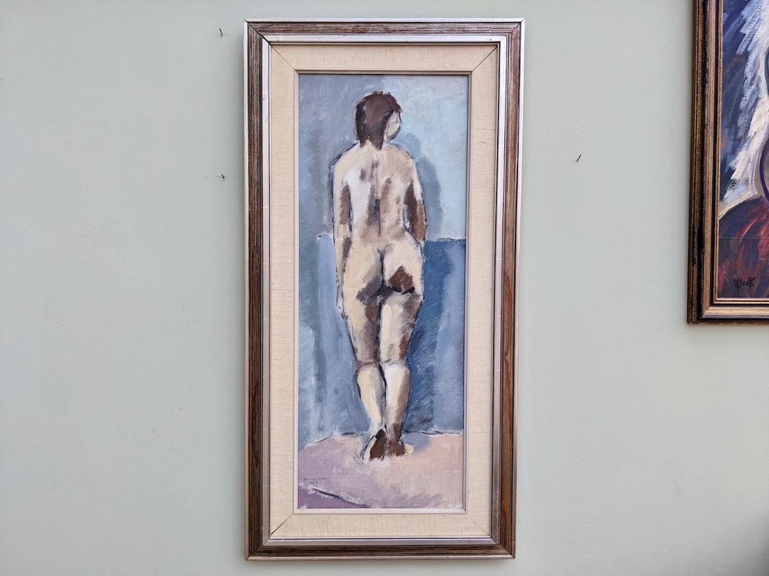 1964 Modernist Figurative Framed Art Oil Painting - Study of a Standing Nude - Black Nude Painting by Unknown