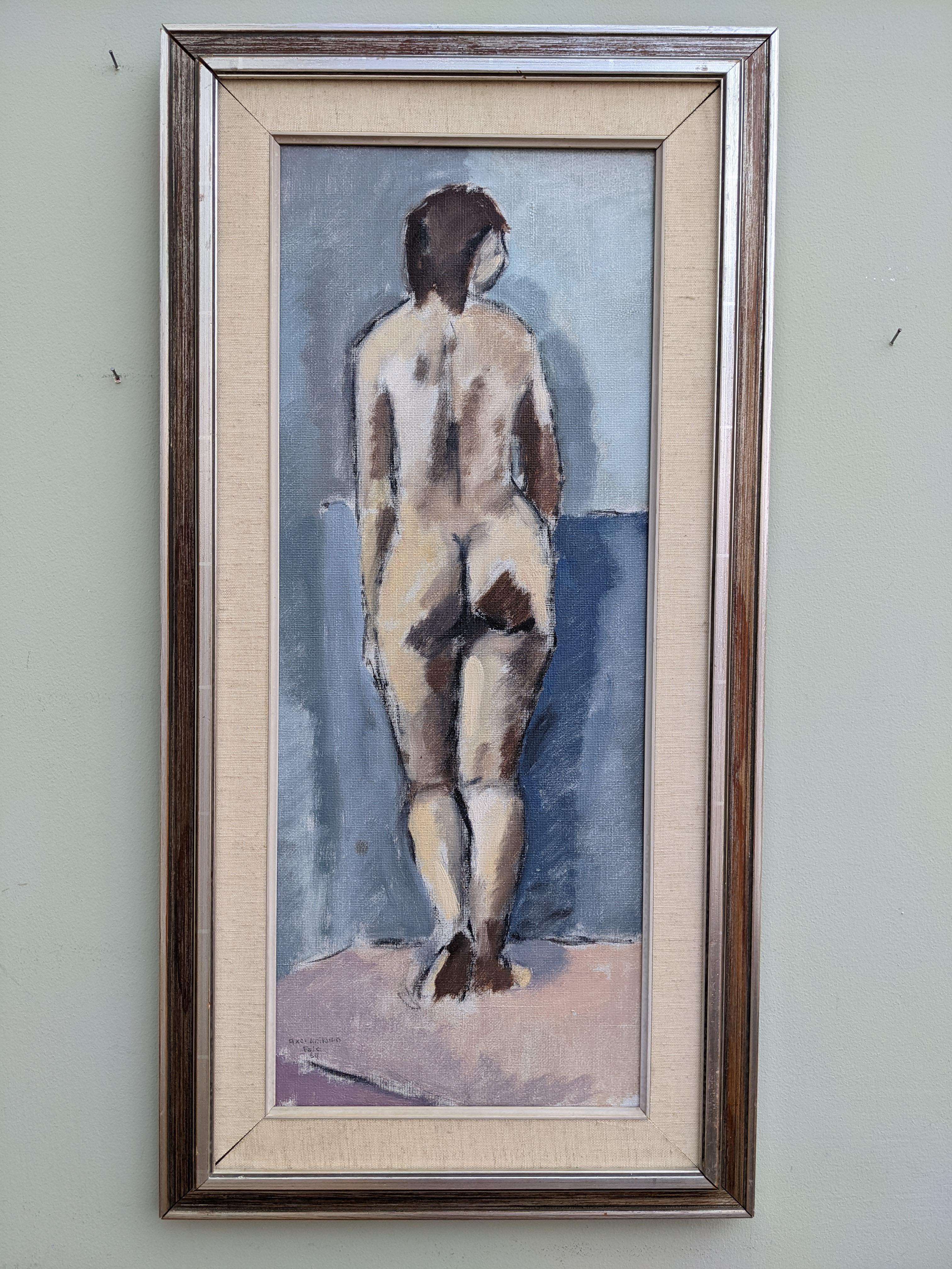 STUDY OF A STANDING NUDE
Size: 74 x 37.5 cm (including frame)
Oil on Canvas

A fantastic modernist style portrait, painted in oil and dated 1964.

A nude figure is depicted standing on a muted pink platform and against a calming blue background.