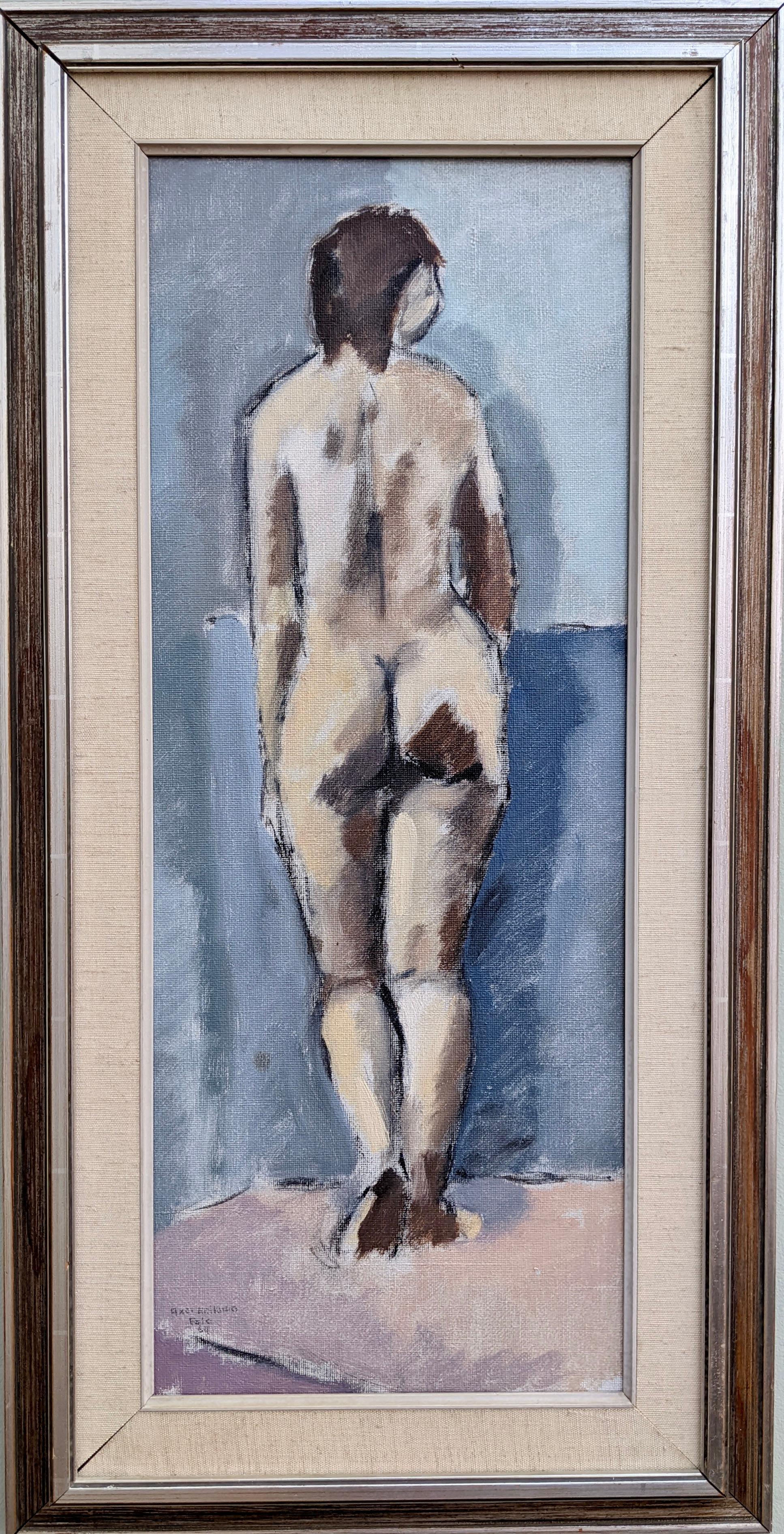 Unknown Nude Painting - 1964 Modernist Figurative Framed Art Oil Painting - Study of a Standing Nude